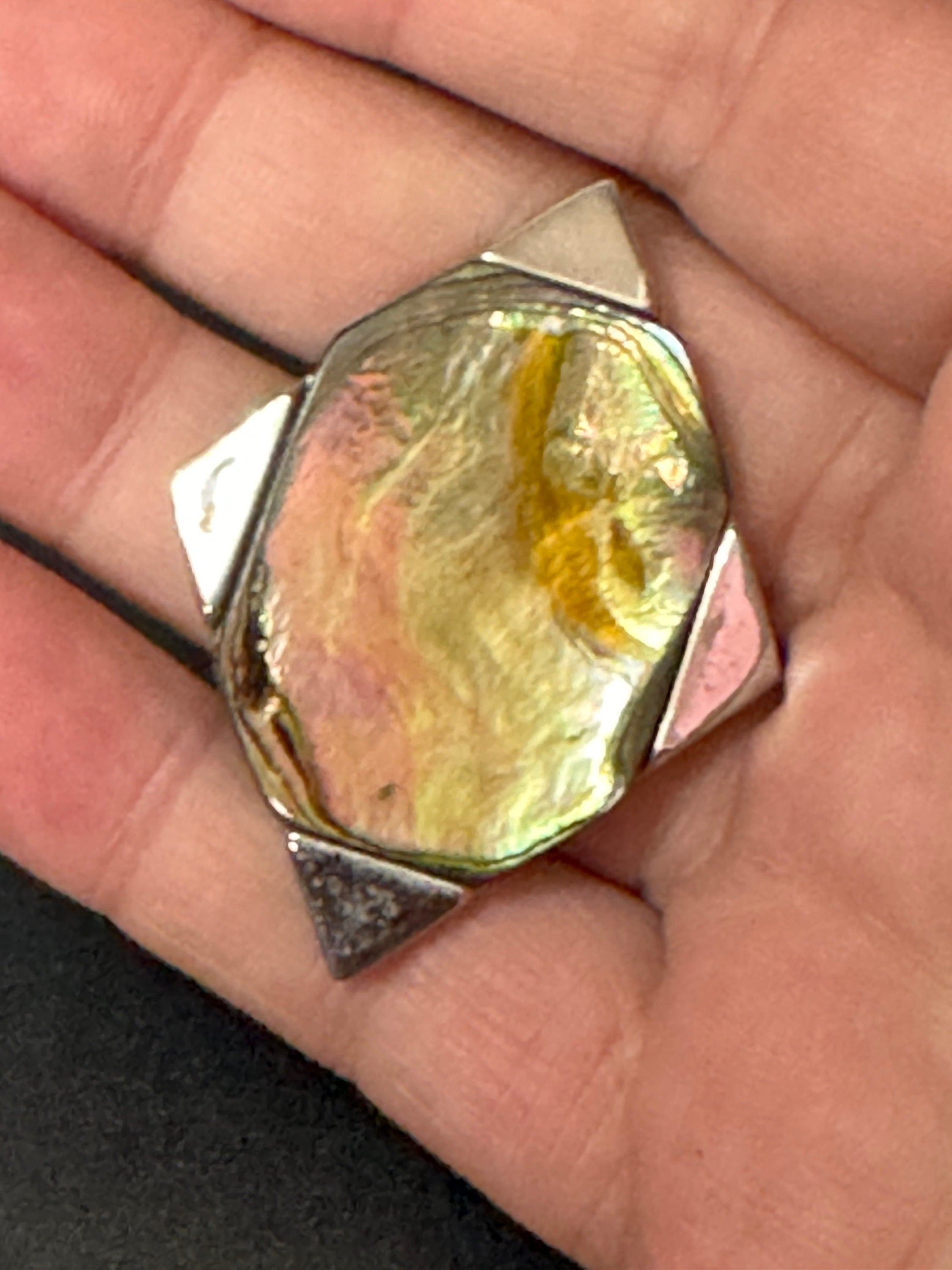 Signed Exquisite vintage Modernist silver tone Steel Brooch central MOP abalone pearl Mid Century 1960s 1970s