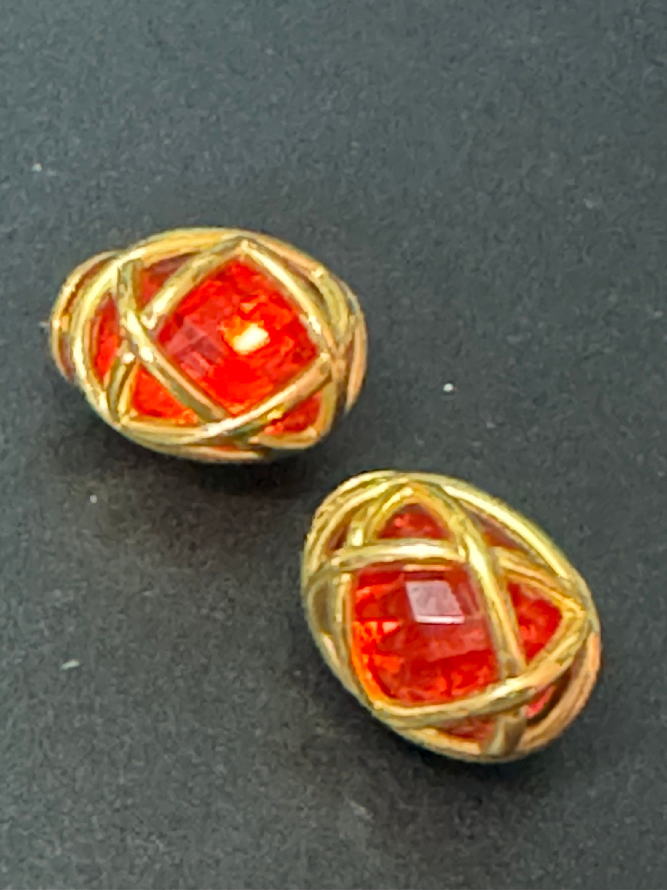 Signed Joan Rivers Ruby Red Cabochon Gold Tone Caged Earrings