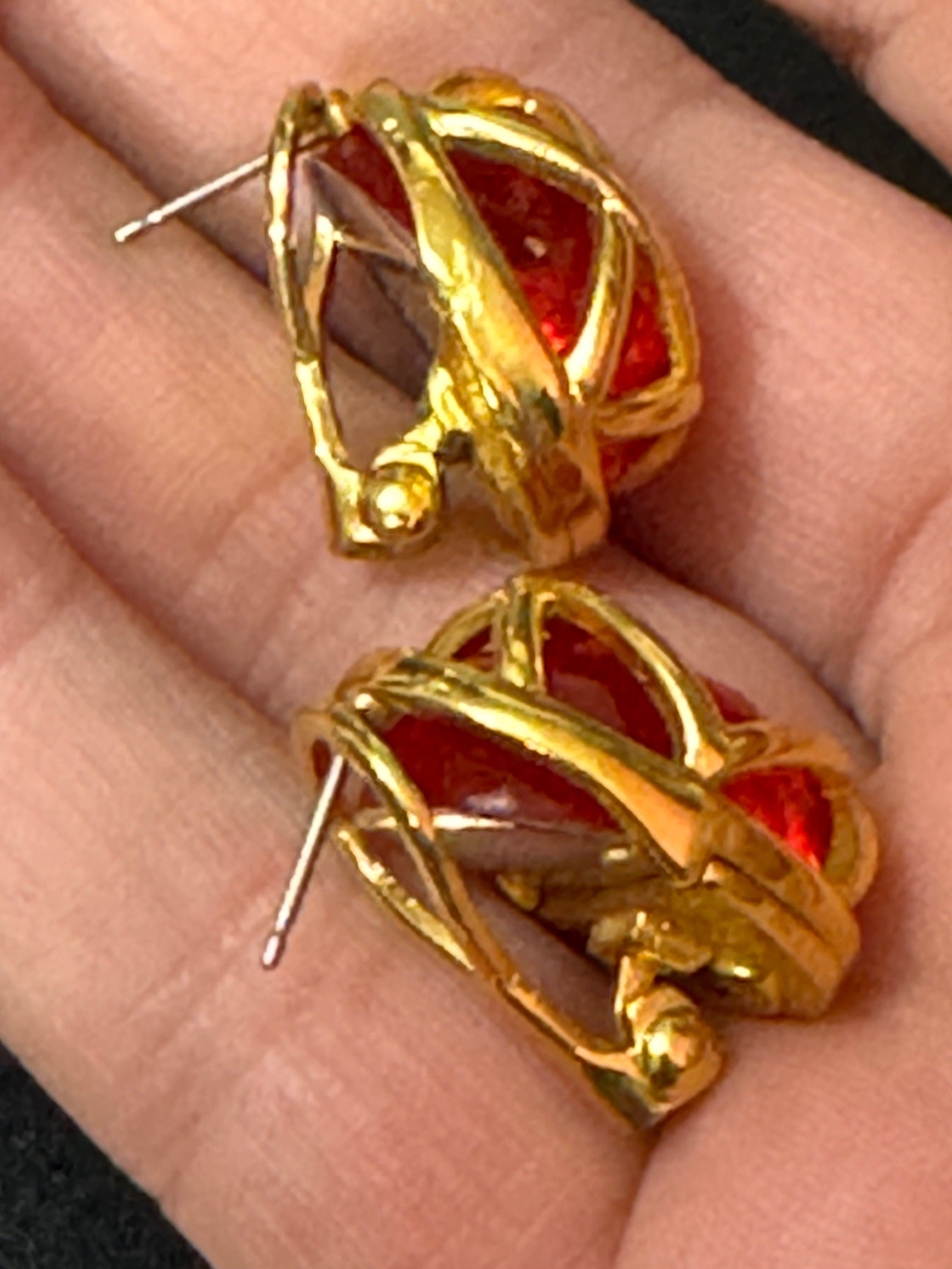 Signed Joan Rivers Ruby Red Cabochon Gold Tone Caged Earrings