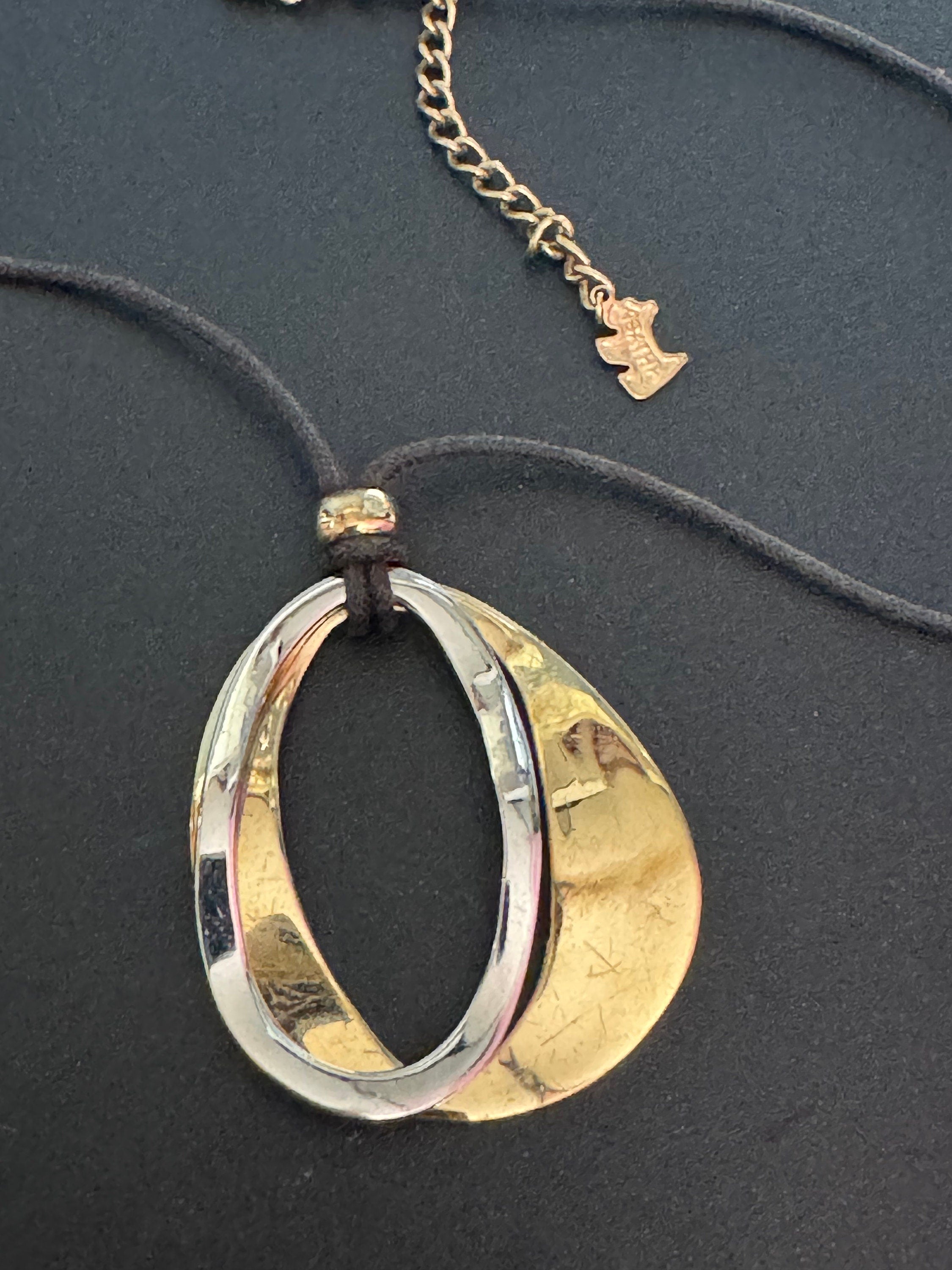 Vintage retro AGATHA PARIS signed gold and silver tone modernist abstract pendant necklace black leather