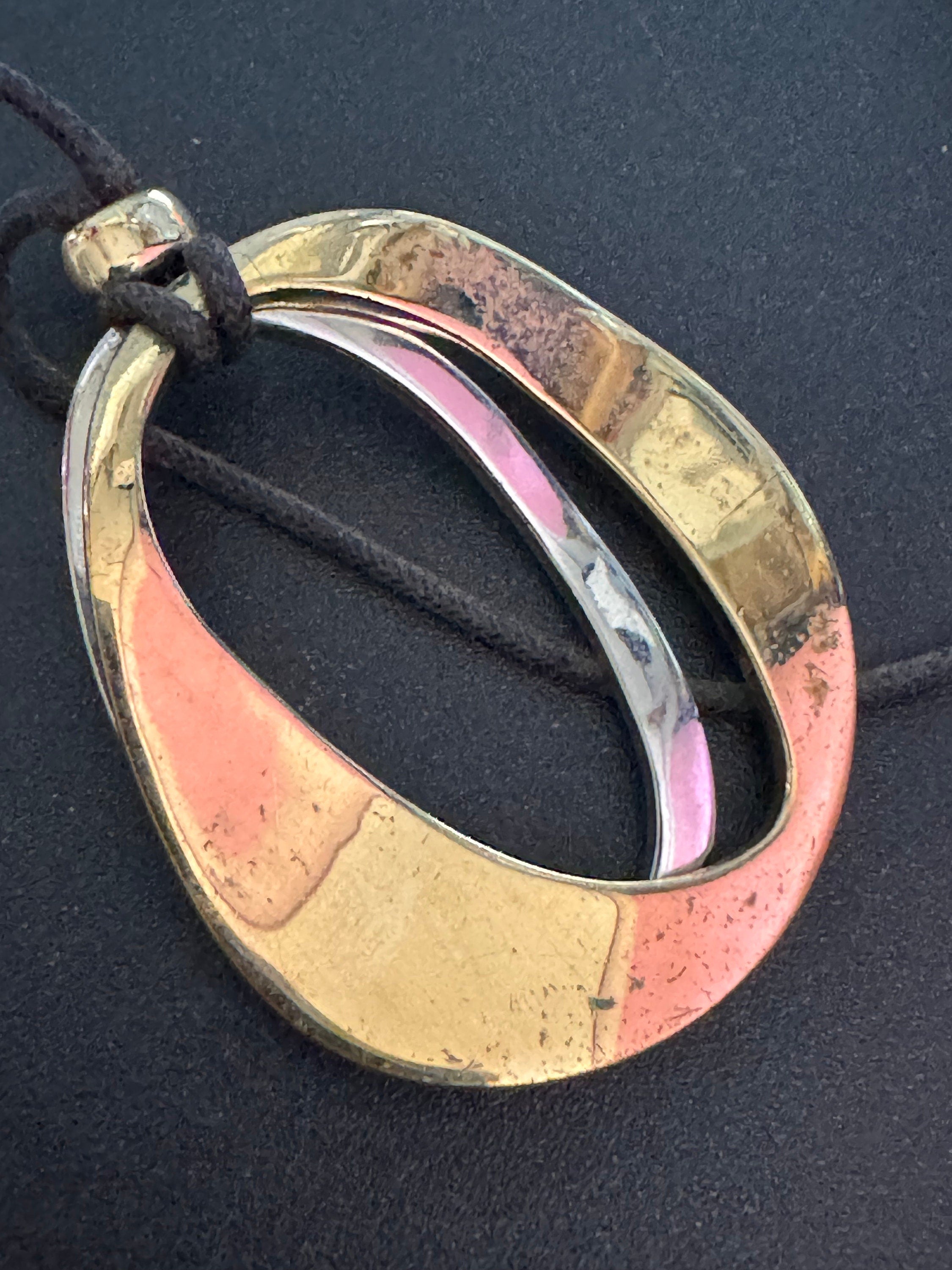 Vintage retro AGATHA PARIS signed gold and silver tone modernist abstract pendant necklace black leather