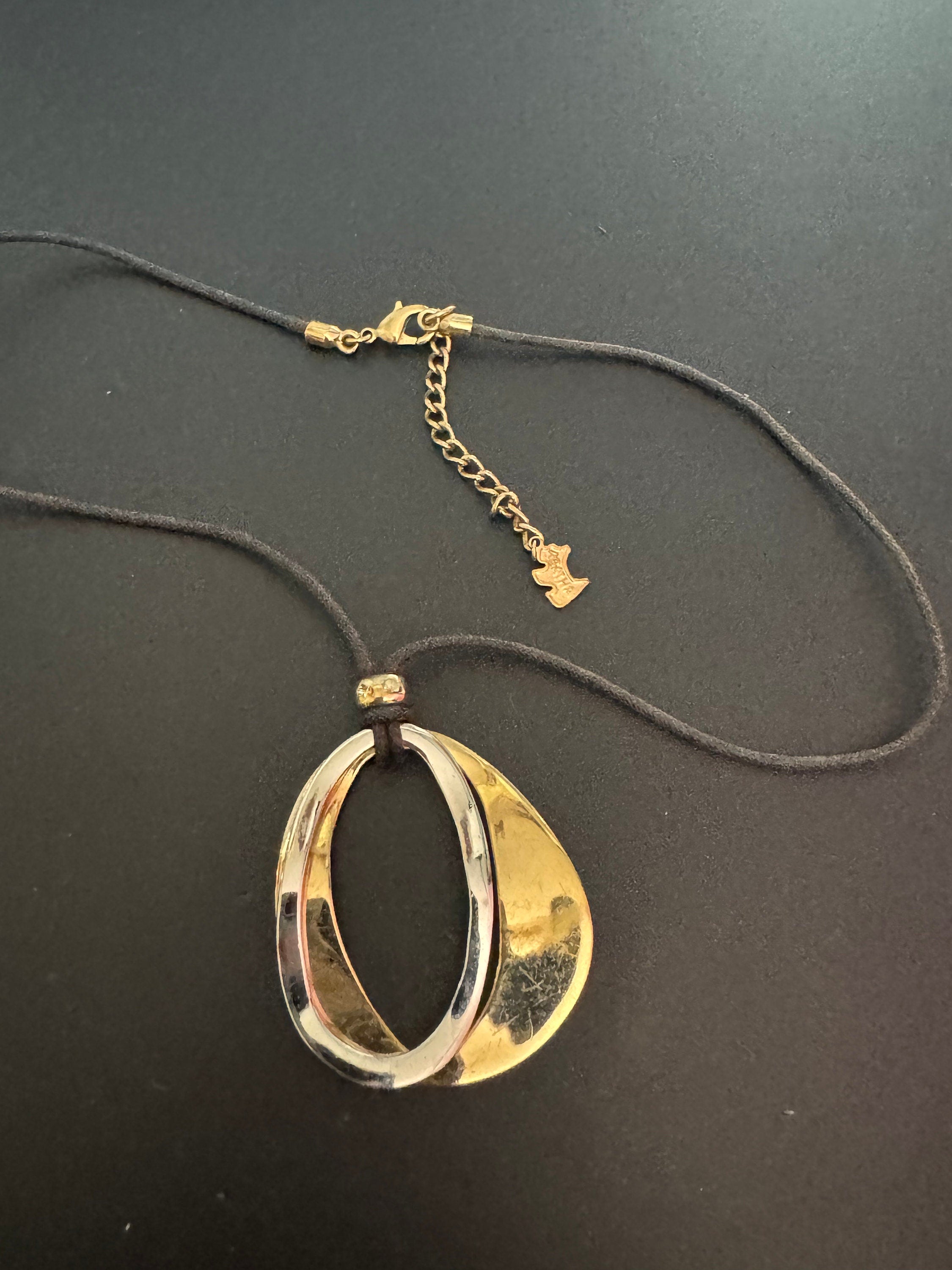 Vintage retro AGATHA PARIS signed gold and silver tone modernist abstract pendant necklace black leather
