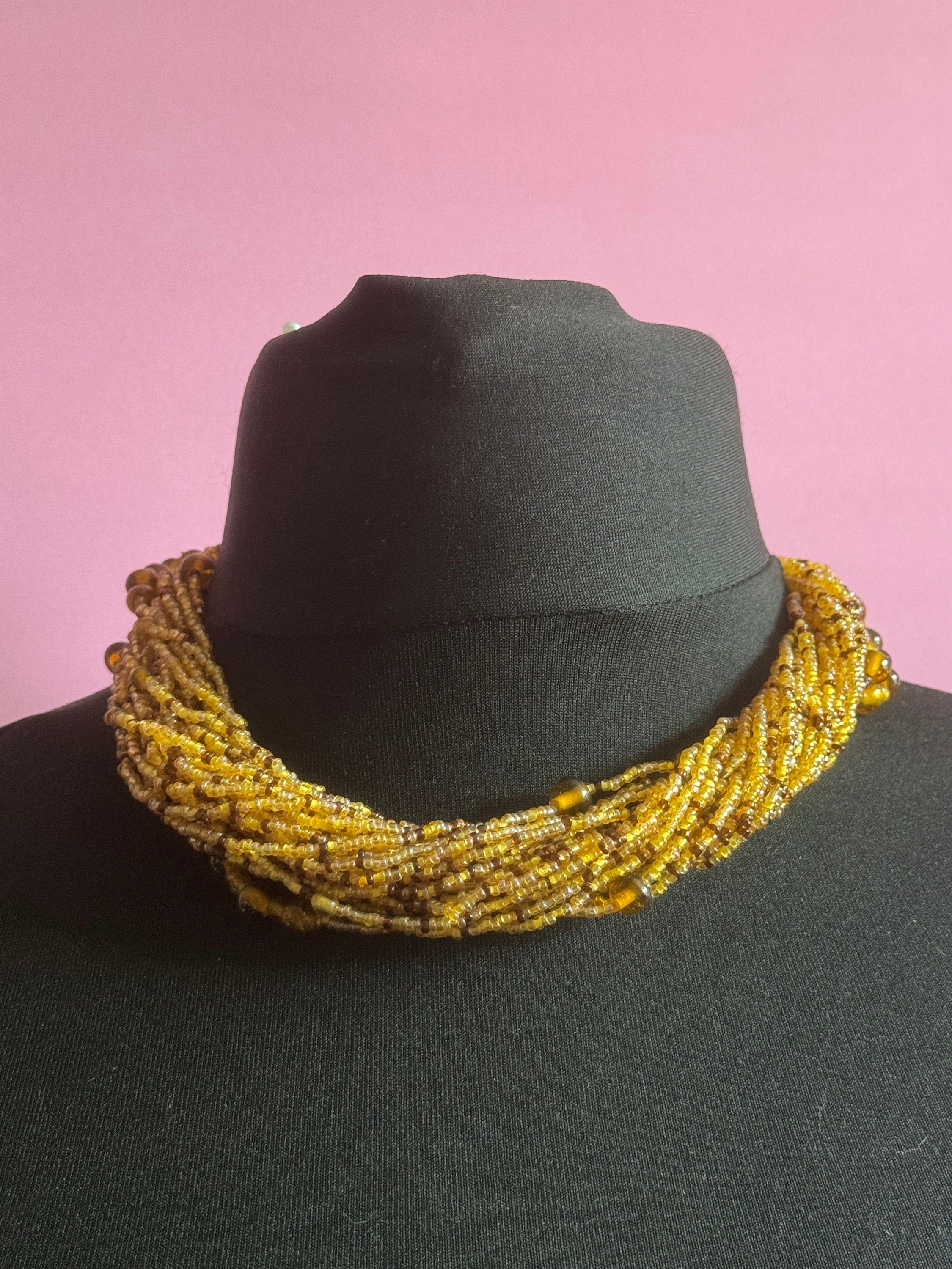 Signed Joan rivers Vintage brown bronze glass seed bead twisted multi-strand choker necklace