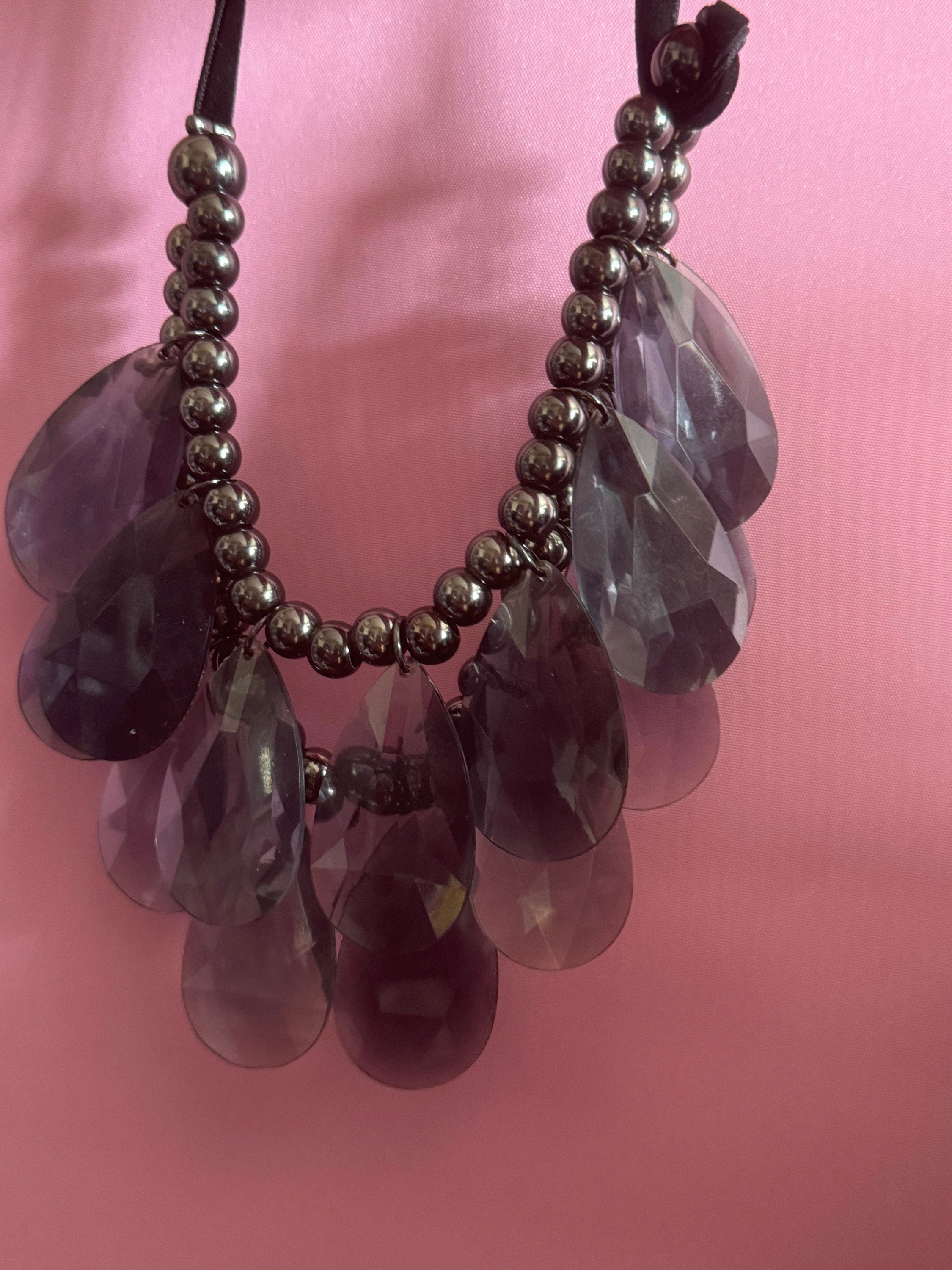Signed Joan Rivers huge chunky blue grey Acrylic teardrop bib collar necklace