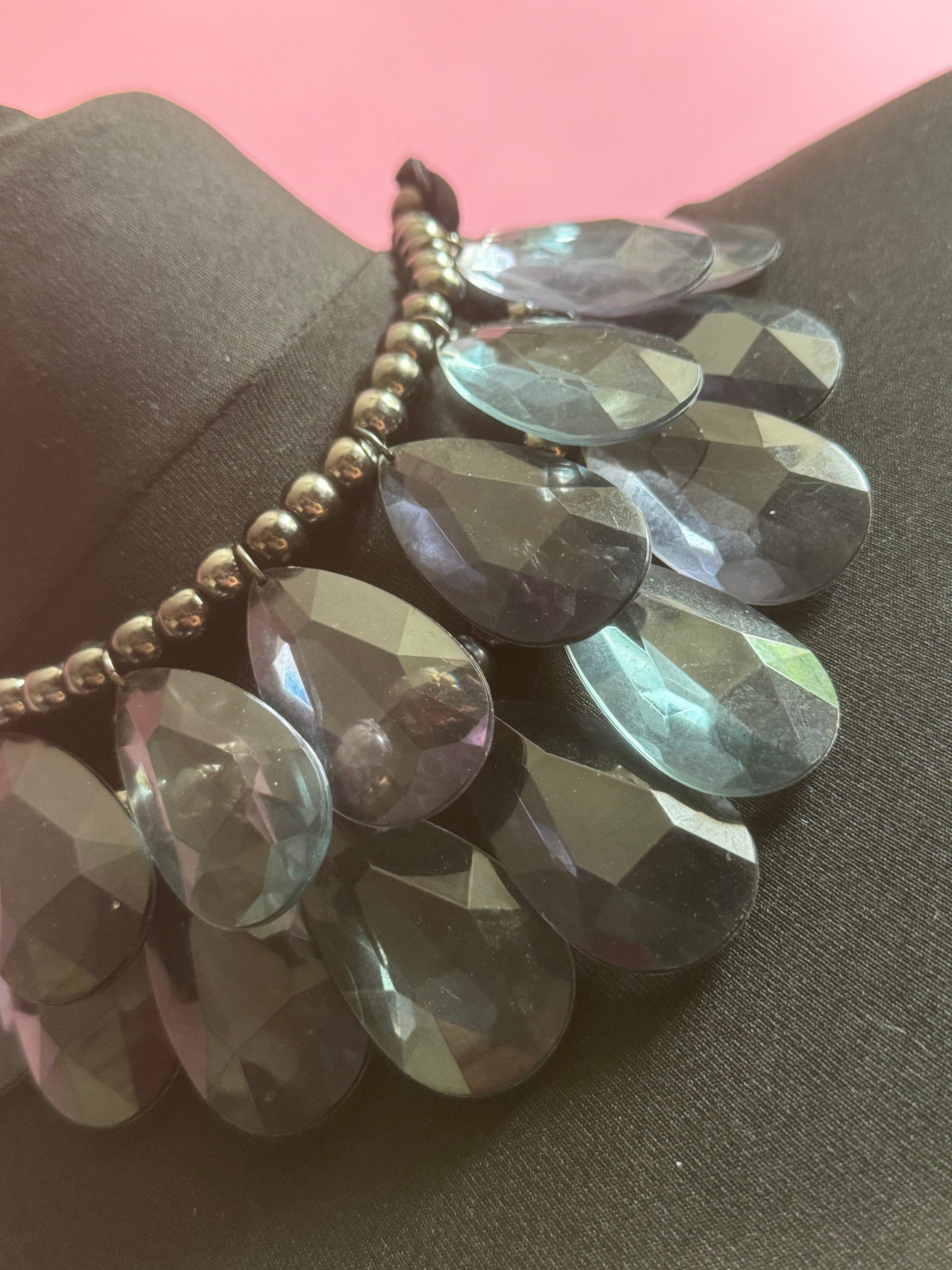 Signed Joan Rivers huge chunky blue grey Acrylic teardrop bib collar necklace