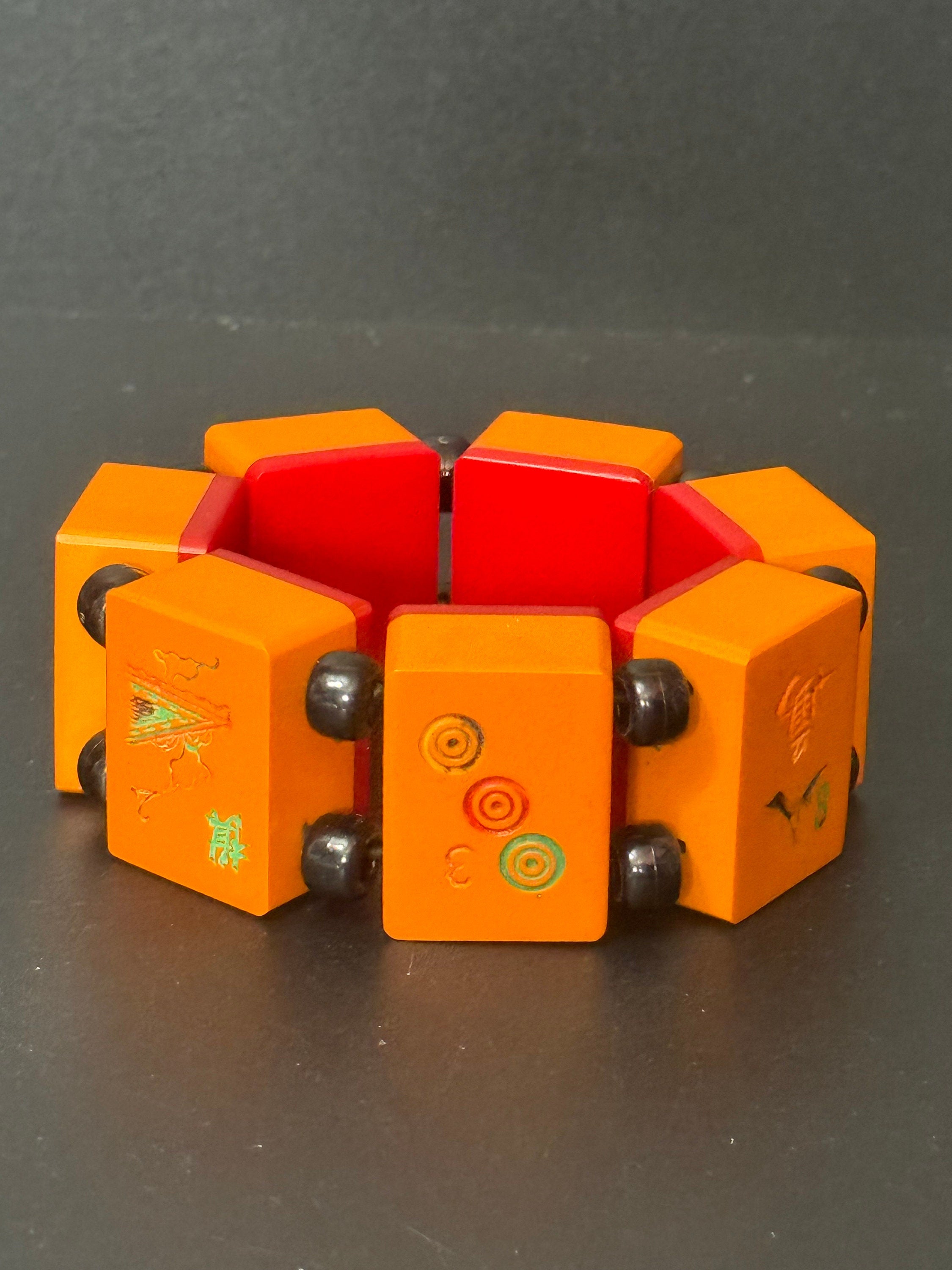 Art deco red and yellow Bakelite vintage beaded mahjong bracelet