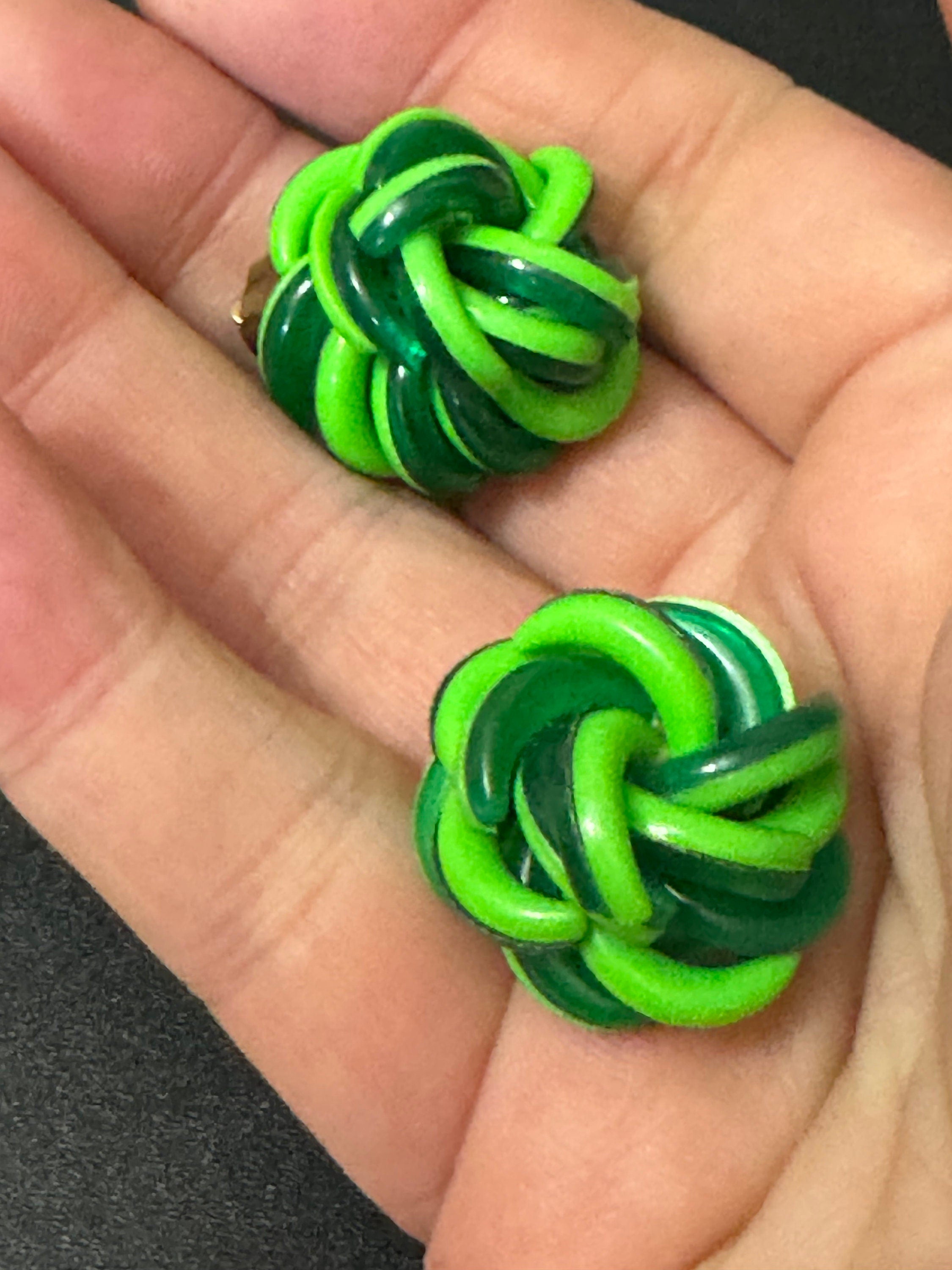 Vintage Lime Green Woven Knot Clip On Earrings