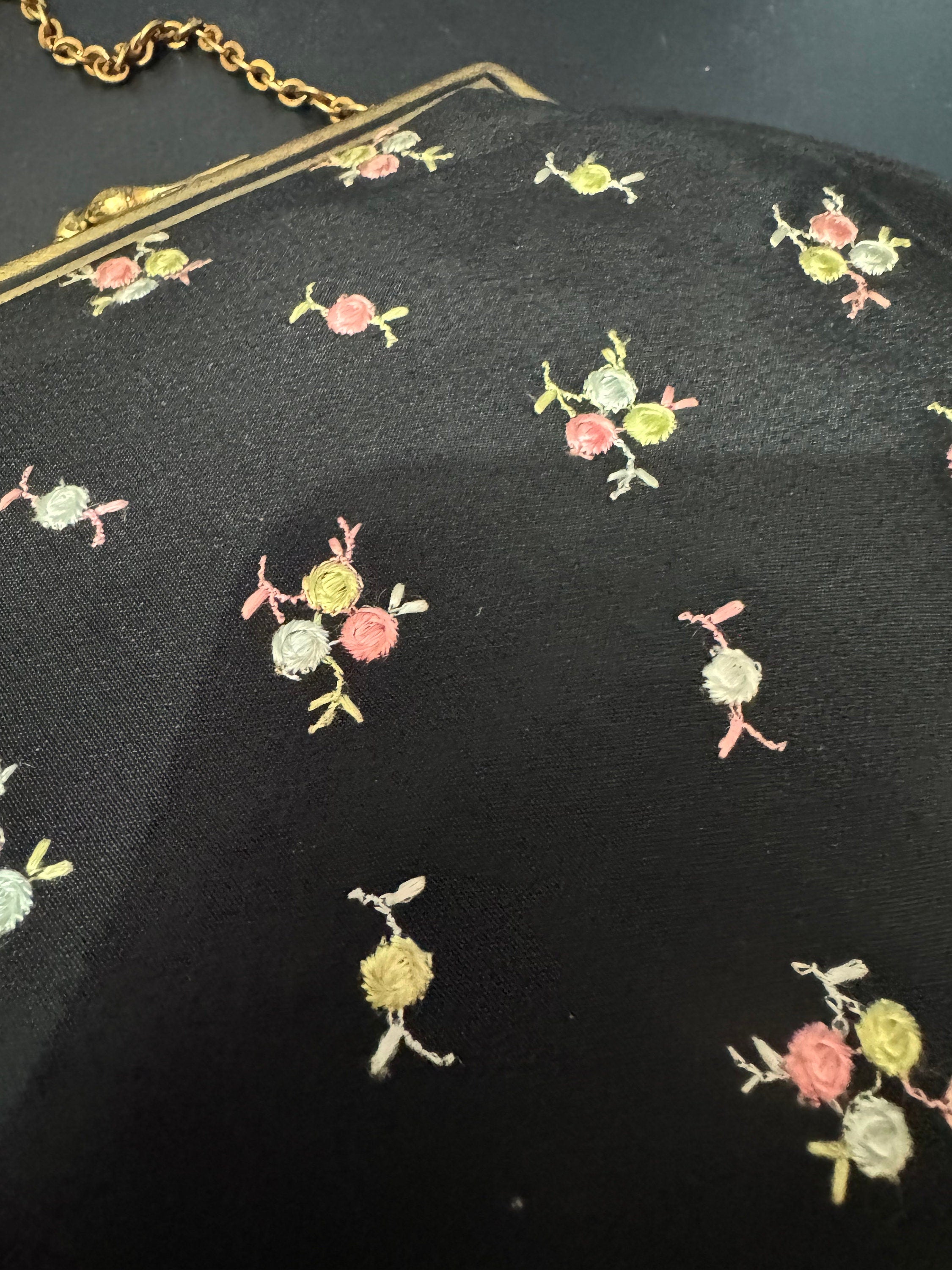 Vintage black crepe Evening Bag Purse with floral petit point embroidery mid century