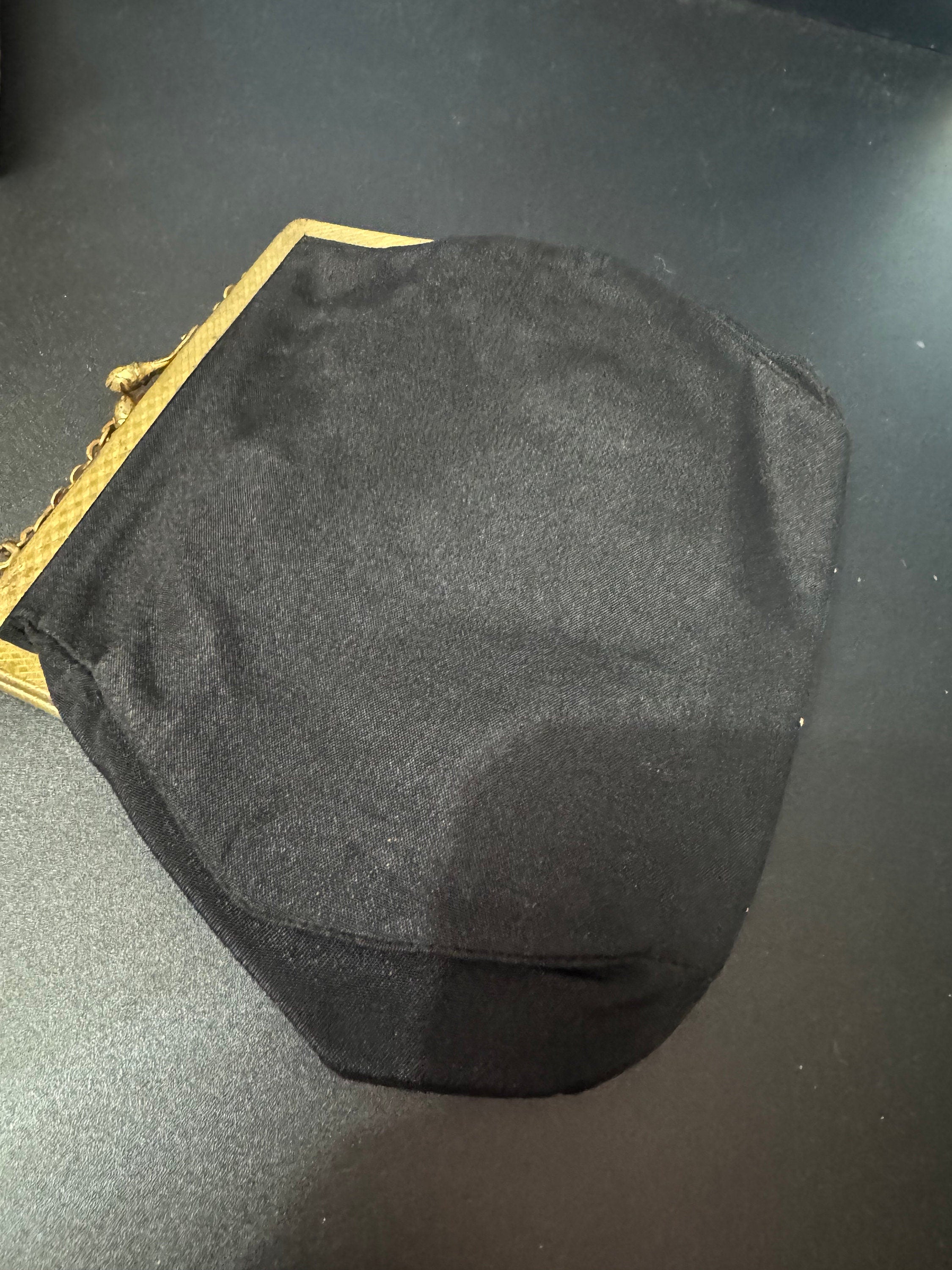 Vintage black crepe Evening Bag Purse with floral petit point embroidery mid century