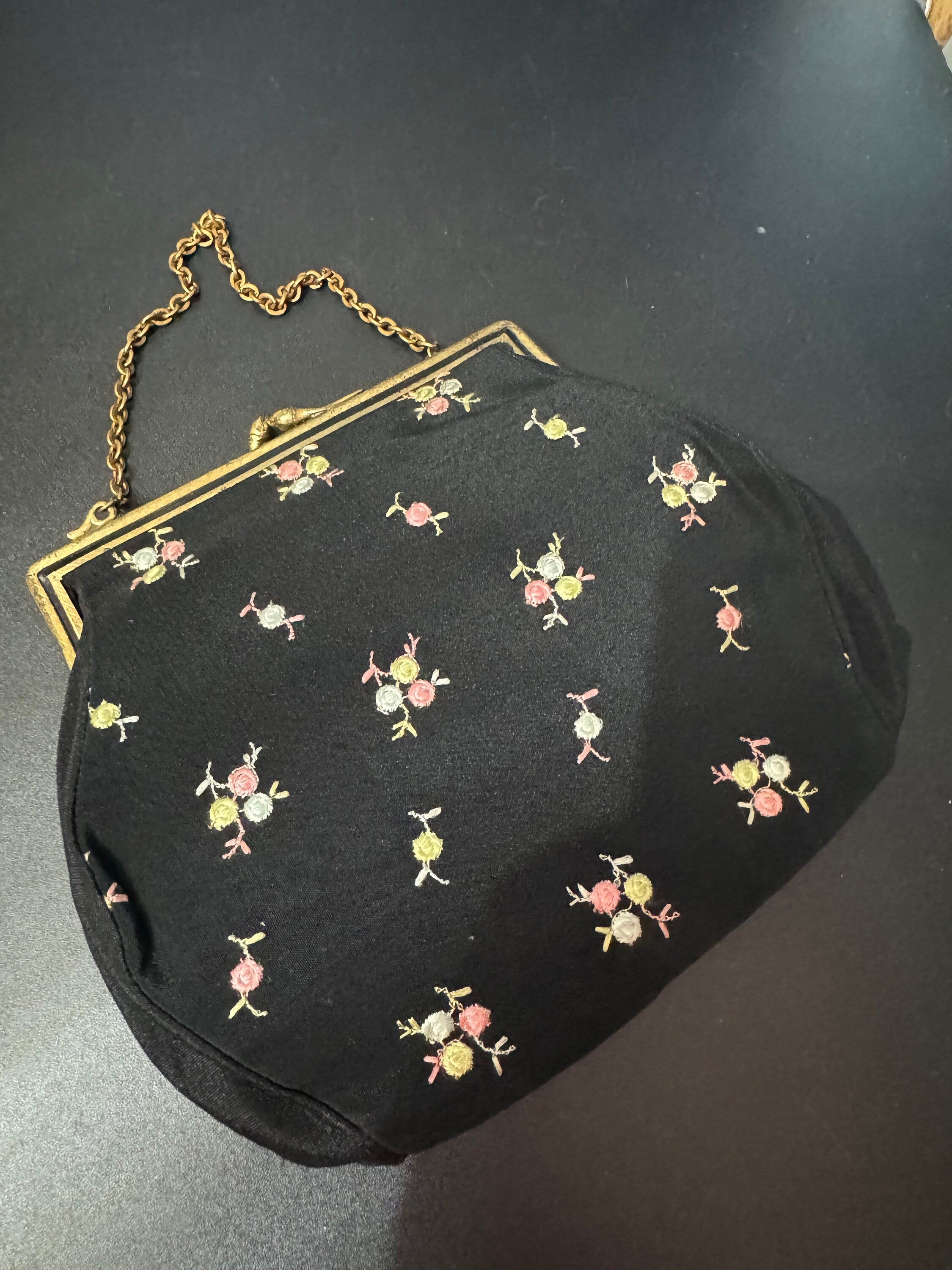 Vintage black crepe Evening Bag Purse with floral petit point embroidery mid century