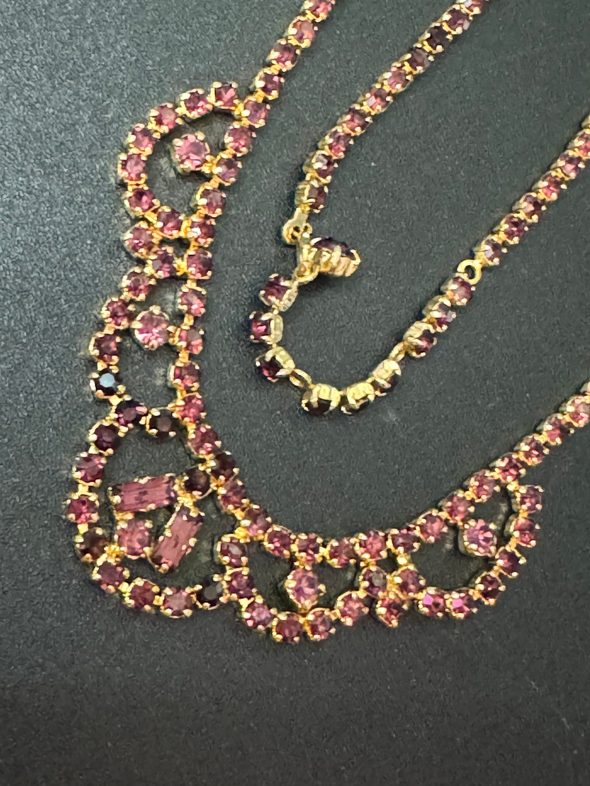 Mid Century Amethyst Rhinestone Choker: 1950s Gold Tone Necklace