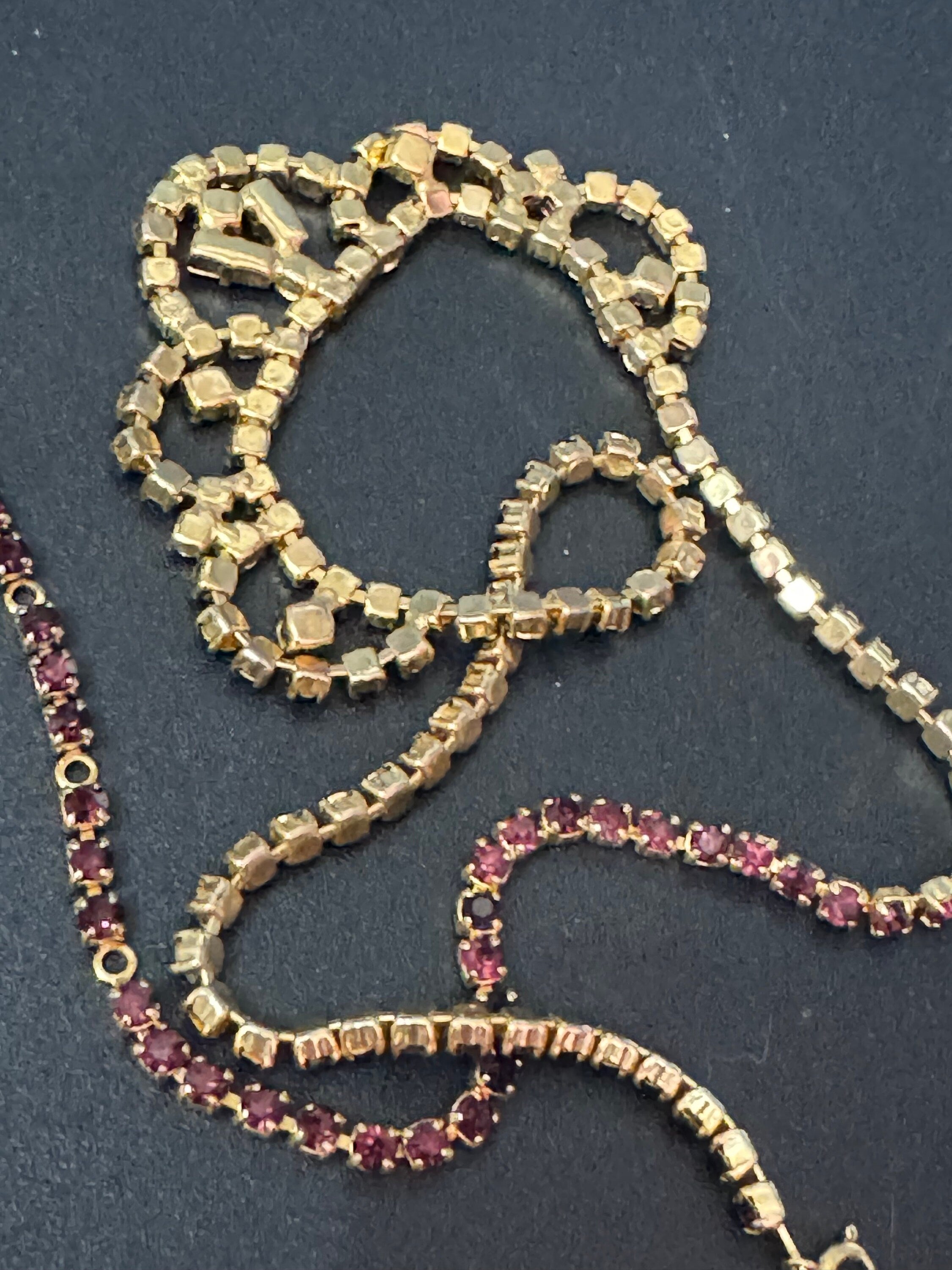 Mid Century Amethyst Rhinestone Choker: 1950s Gold Tone Necklace