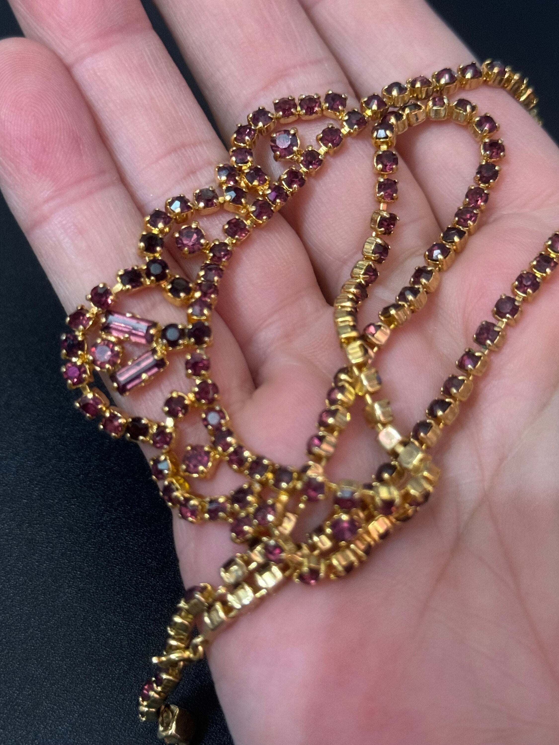 Mid Century Amethyst Rhinestone Choker: 1950s Gold Tone Necklace