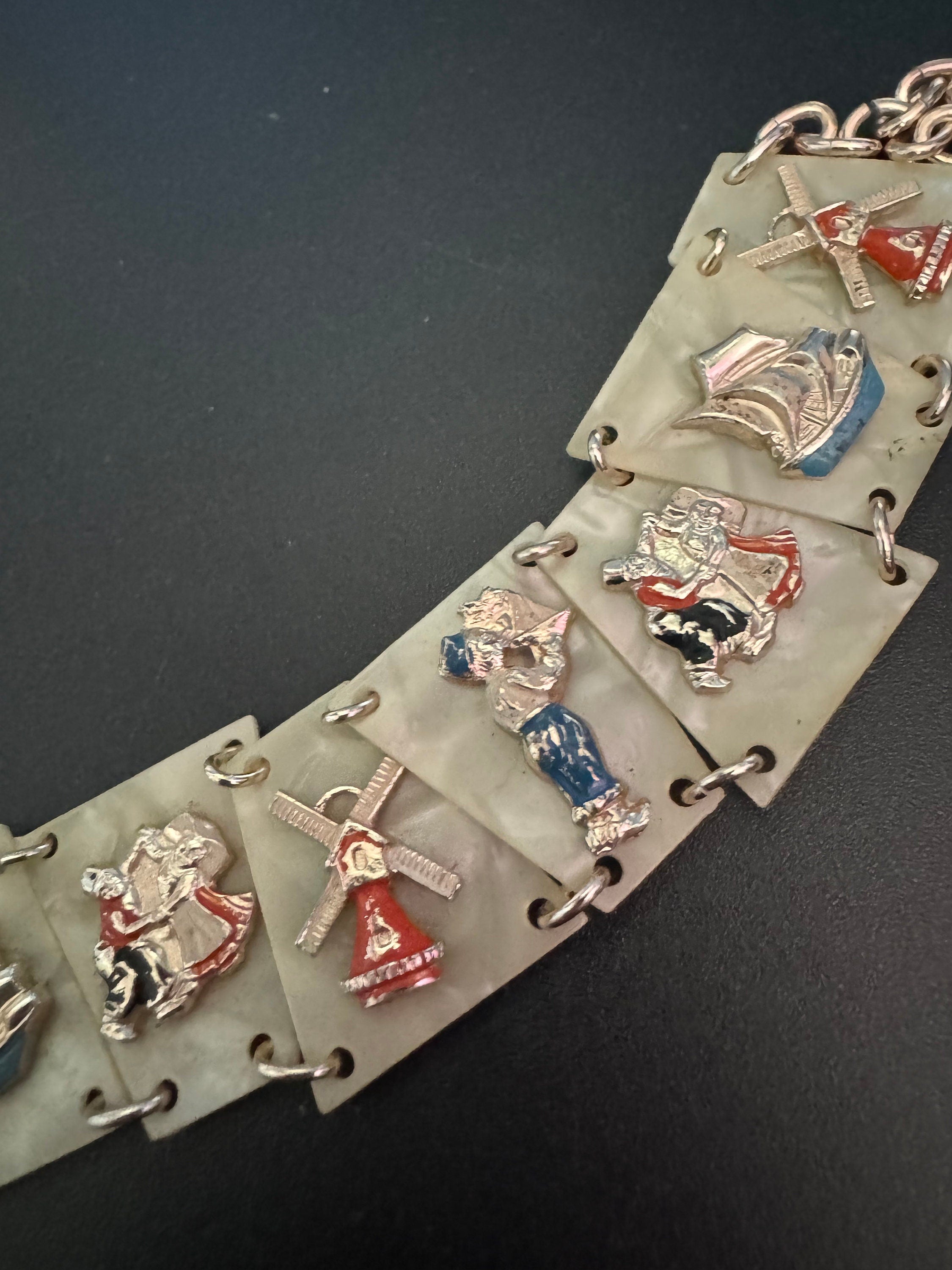 Dutch Vintage early plastic celluloid faux cream Pearl panel link kitsch bracelet with windmill Holland dancing 1940s 1950s