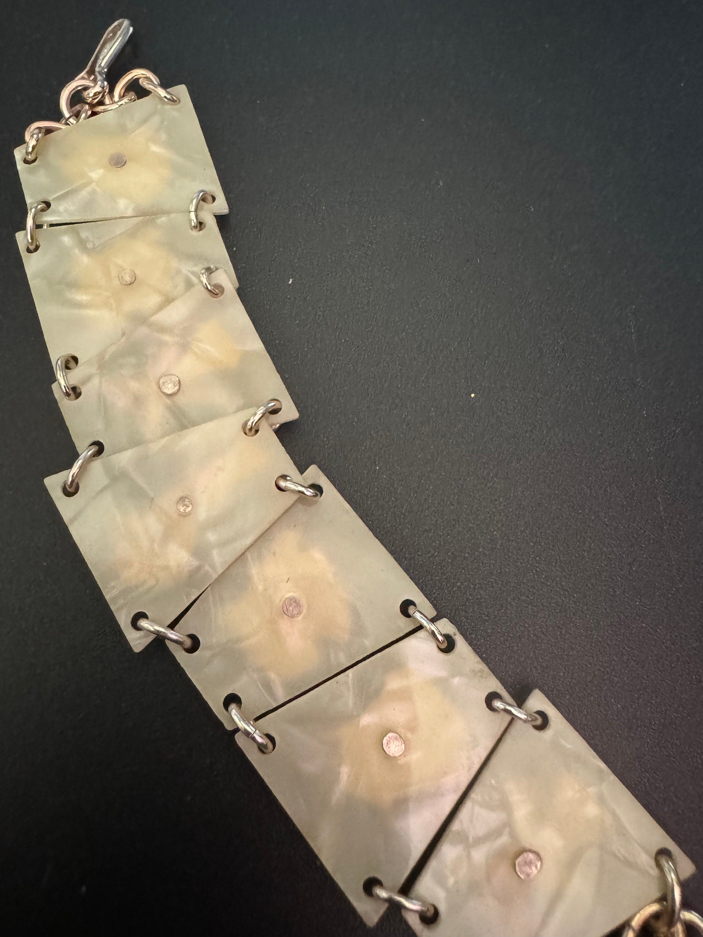 Dutch Vintage early plastic celluloid faux cream Pearl panel link kitsch bracelet with windmill Holland dancing 1940s 1950s