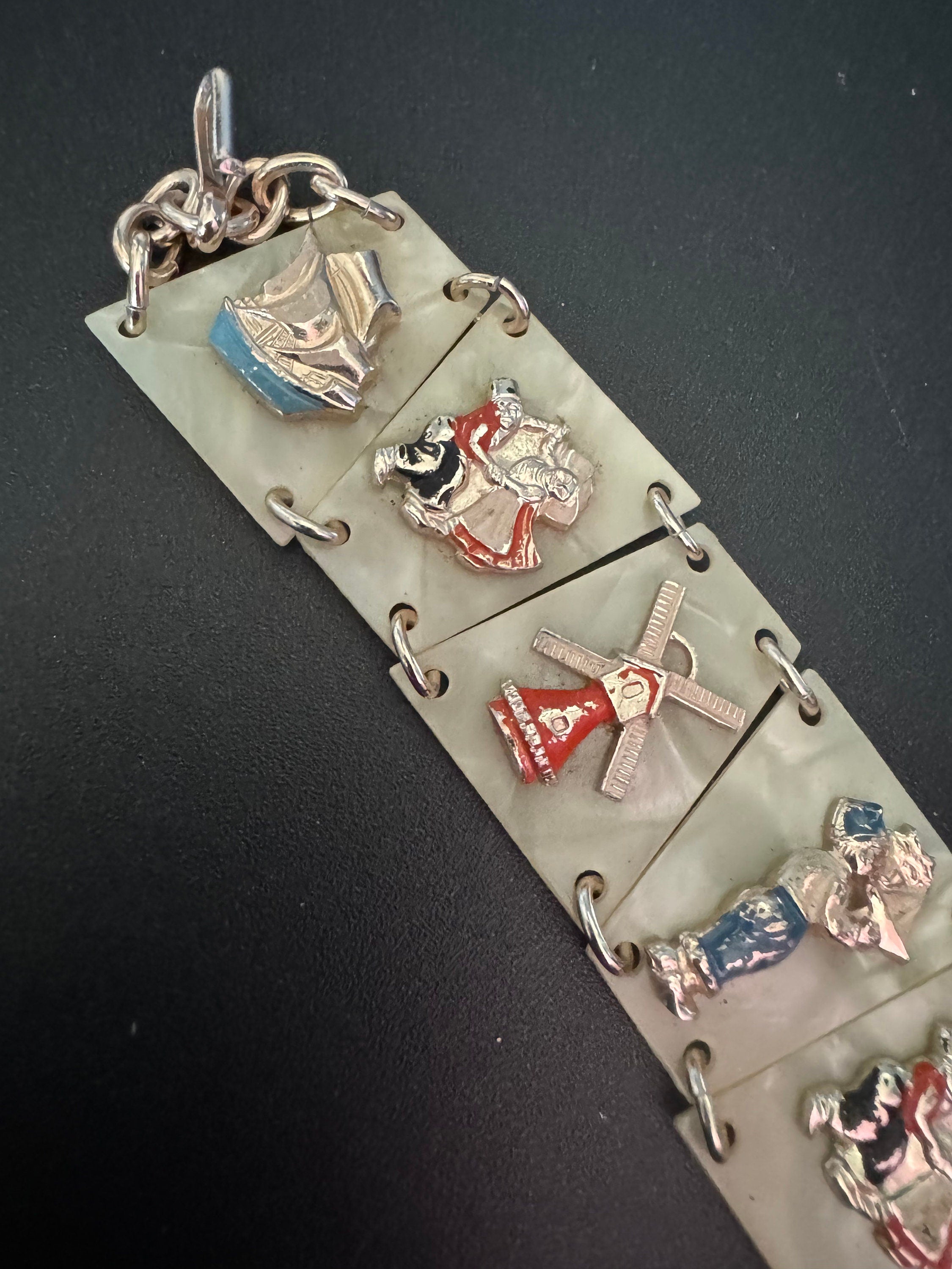 Dutch Vintage early plastic celluloid faux cream Pearl panel link kitsch bracelet with windmill Holland dancing 1940s 1950s