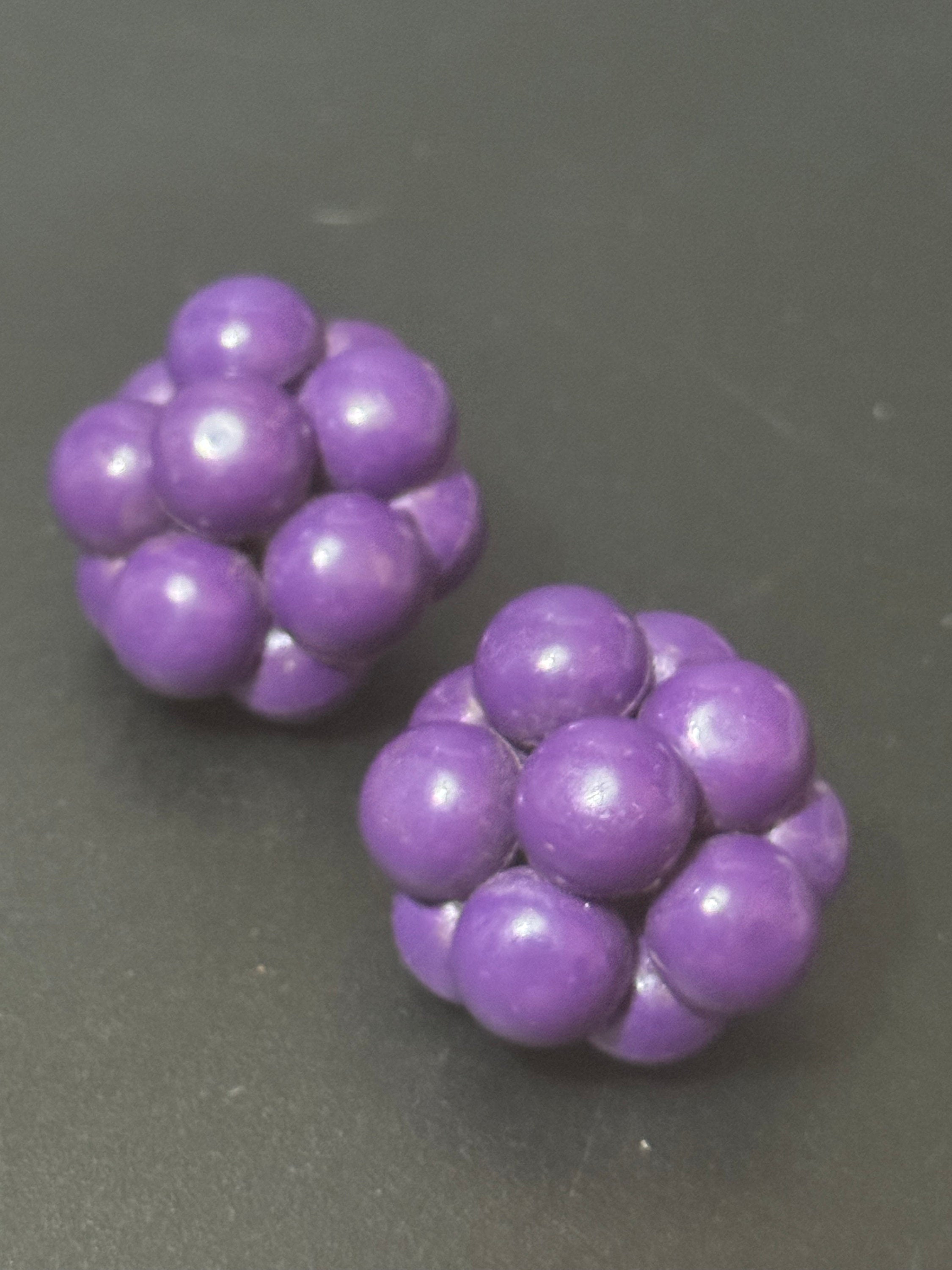 Vintage purple plastic beaded Cluster Clip On Earrings
