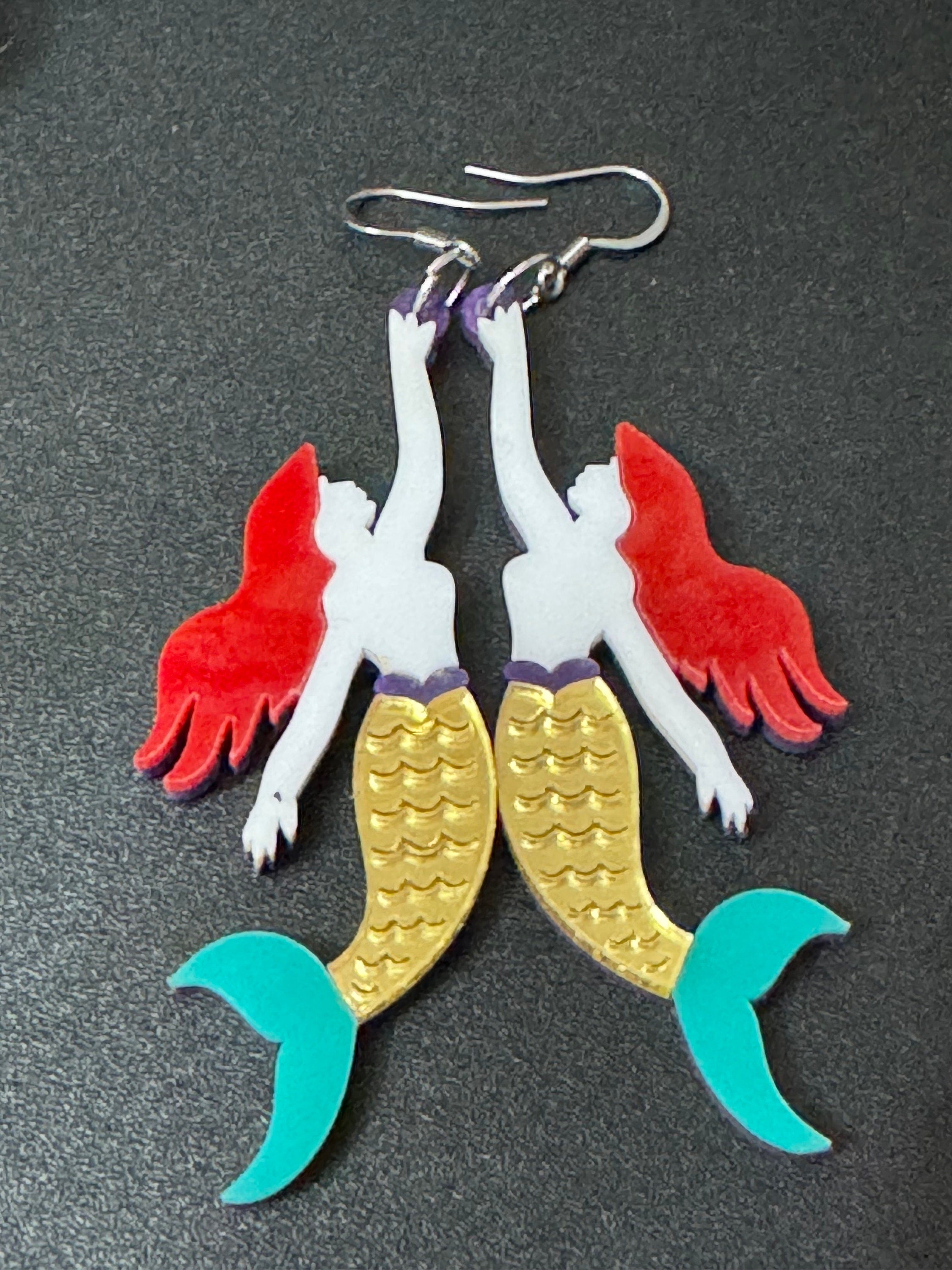 Oversized Mermaid Drop Earrings: Gold & Blue Nautical Perspex