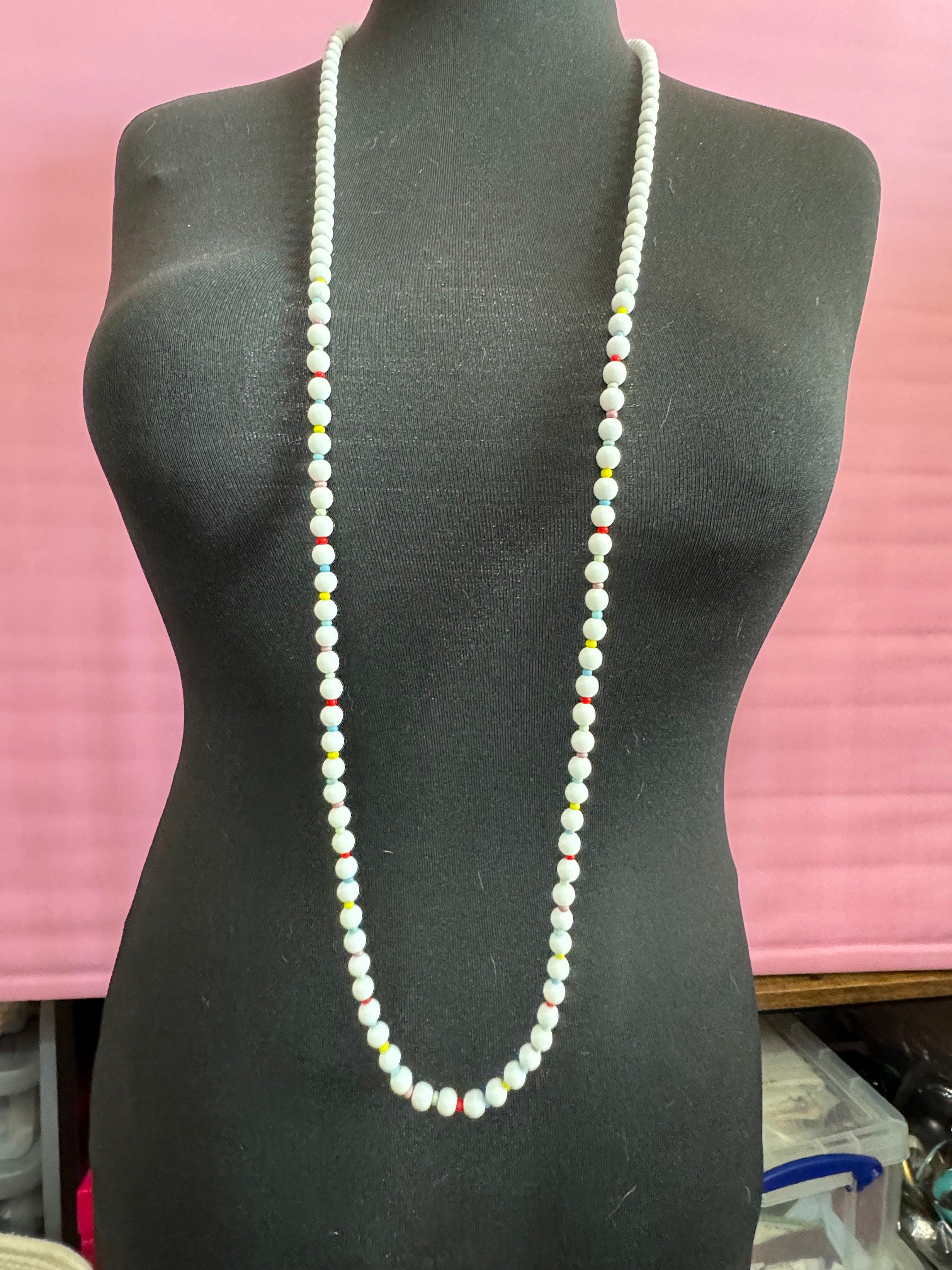 Vintage 125cm flapper length long White milk glass round beaded layering necklace with coloured seed beads red yellow pink blue
