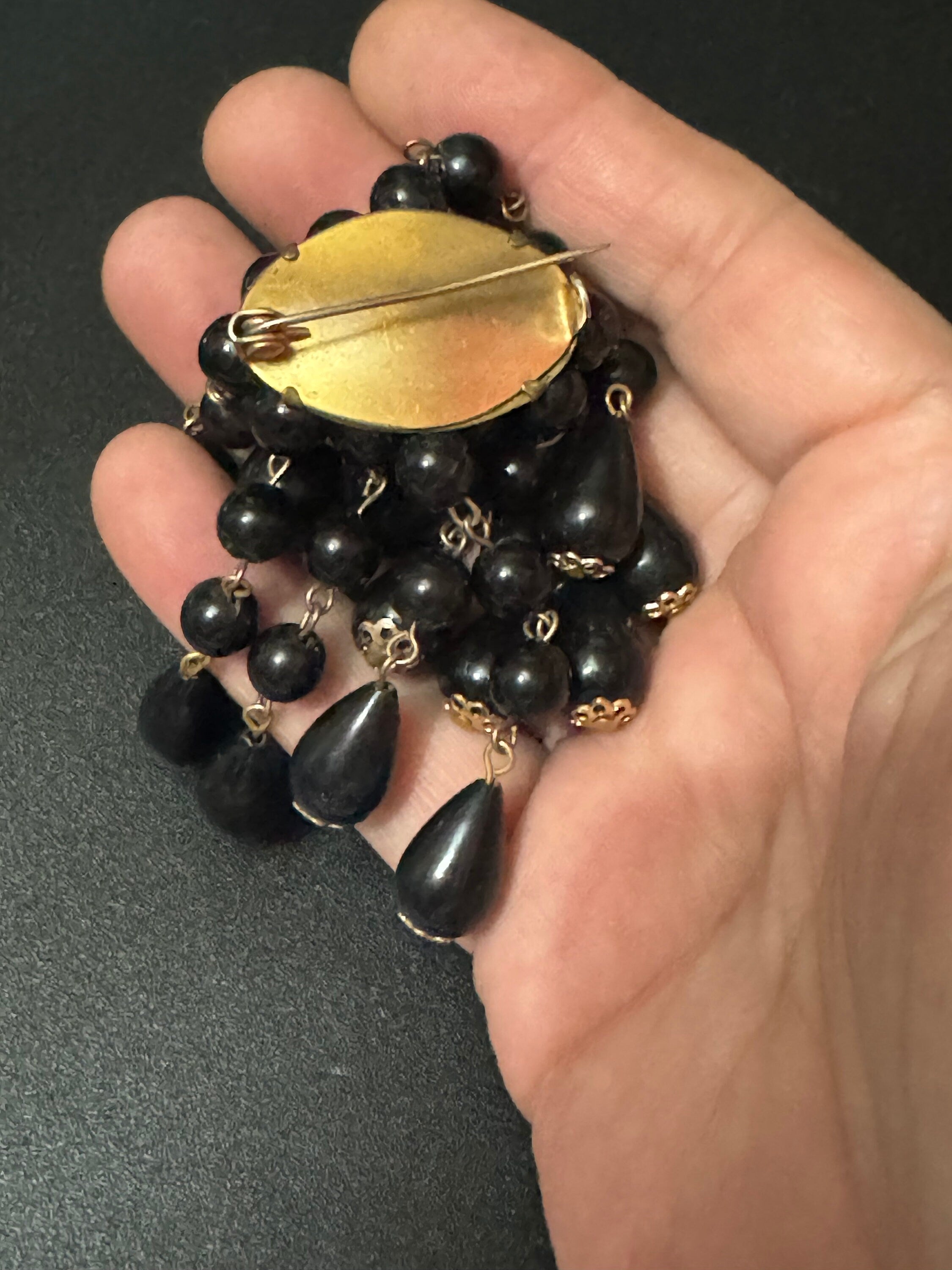 Black beaded Waterfall brooch, plastic beads Large