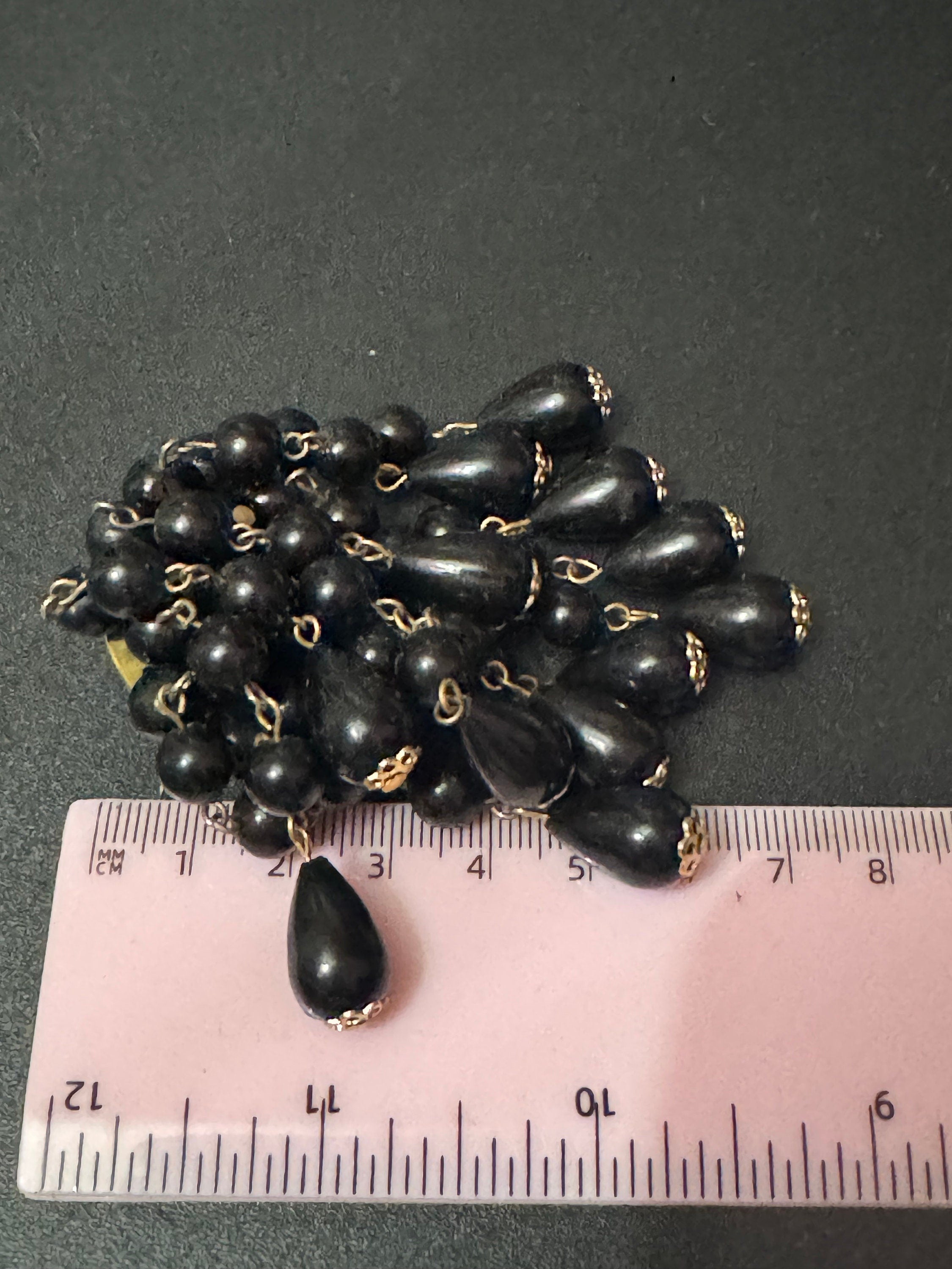 Black beaded Waterfall brooch, plastic beads Large