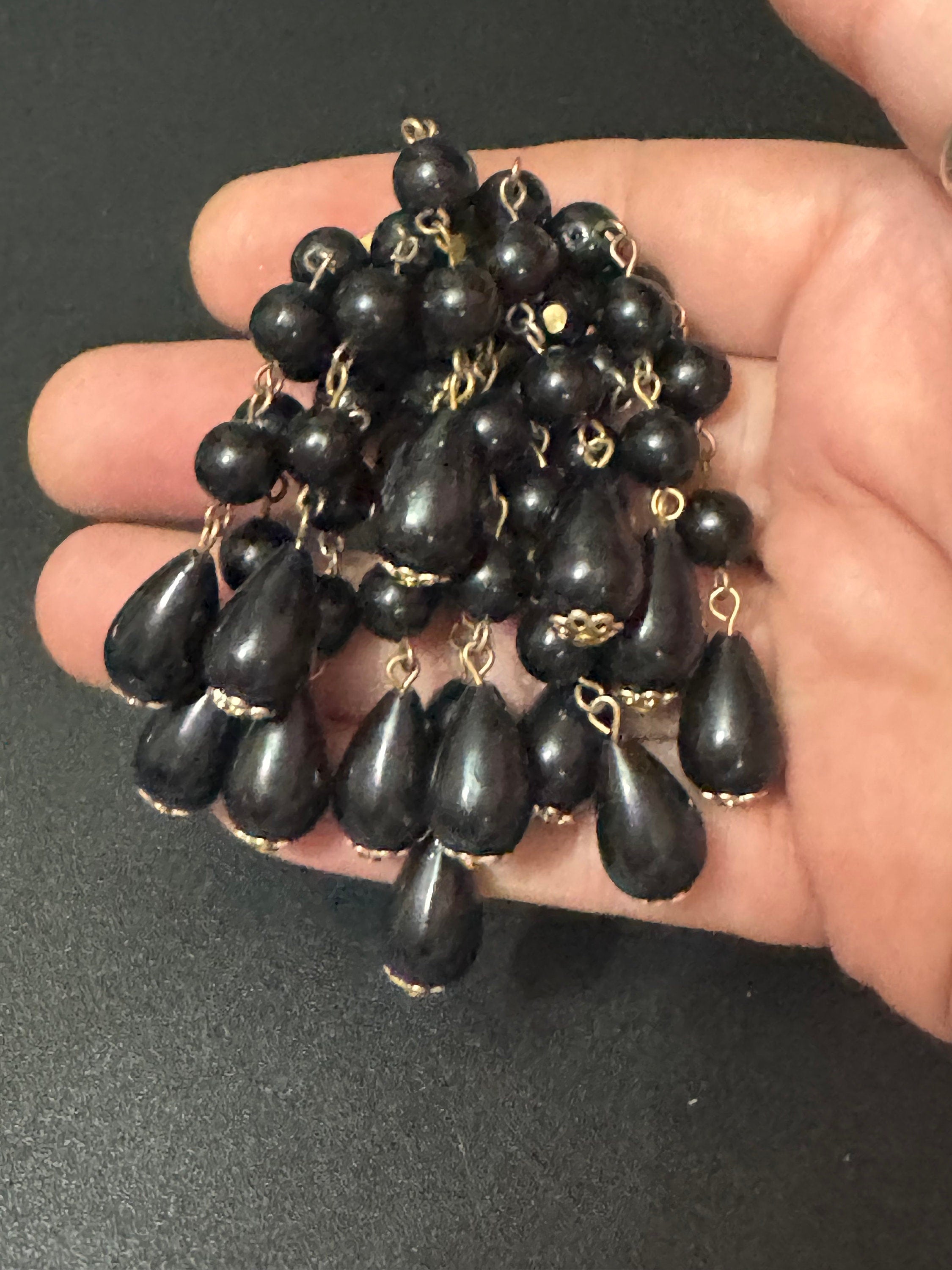 Black beaded Waterfall brooch, plastic beads Large