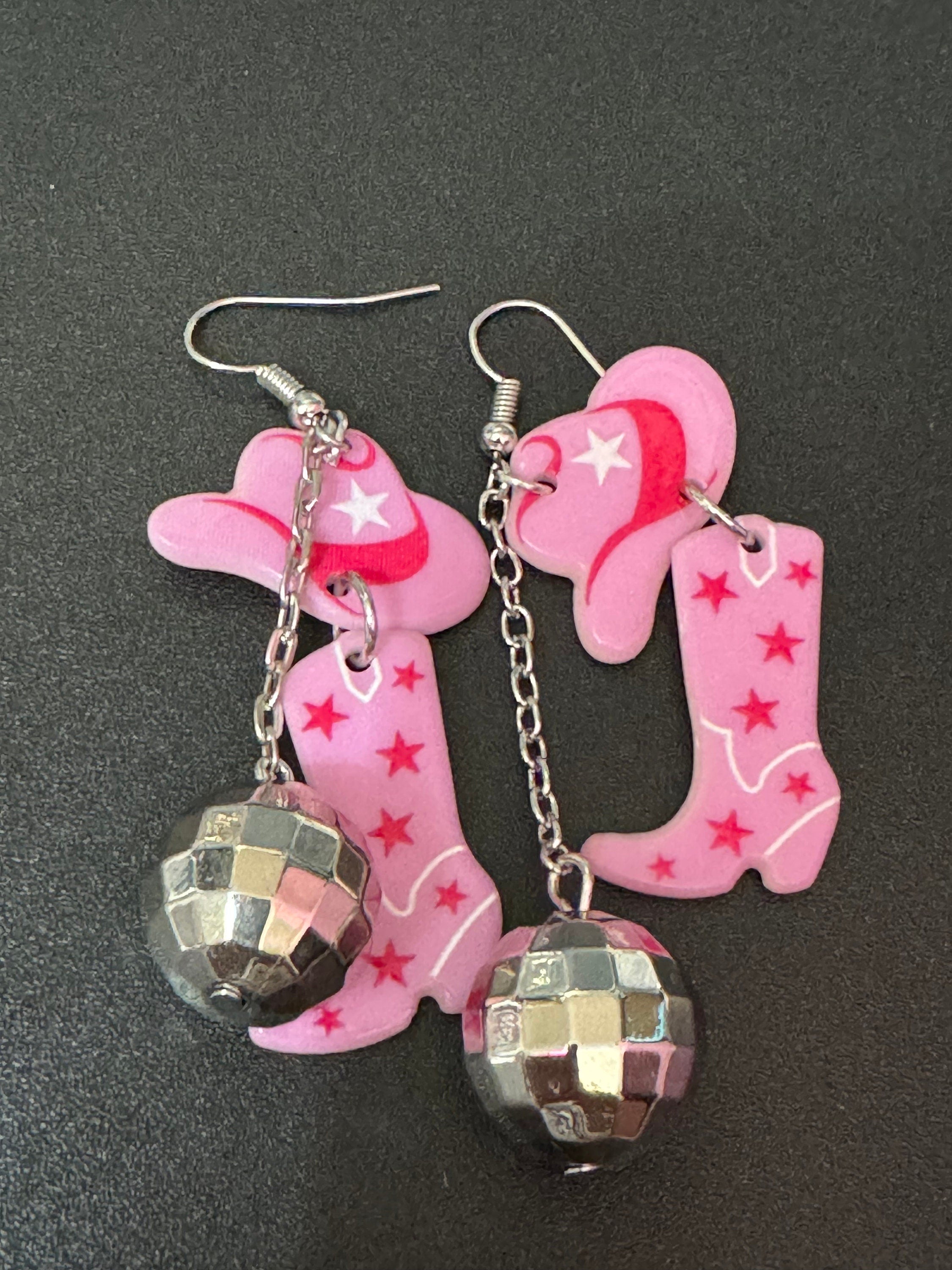 pink cowboy cowgirl hat boots and disco ball long dangly earrings silver tone dolly parton jewellery Yellowstone