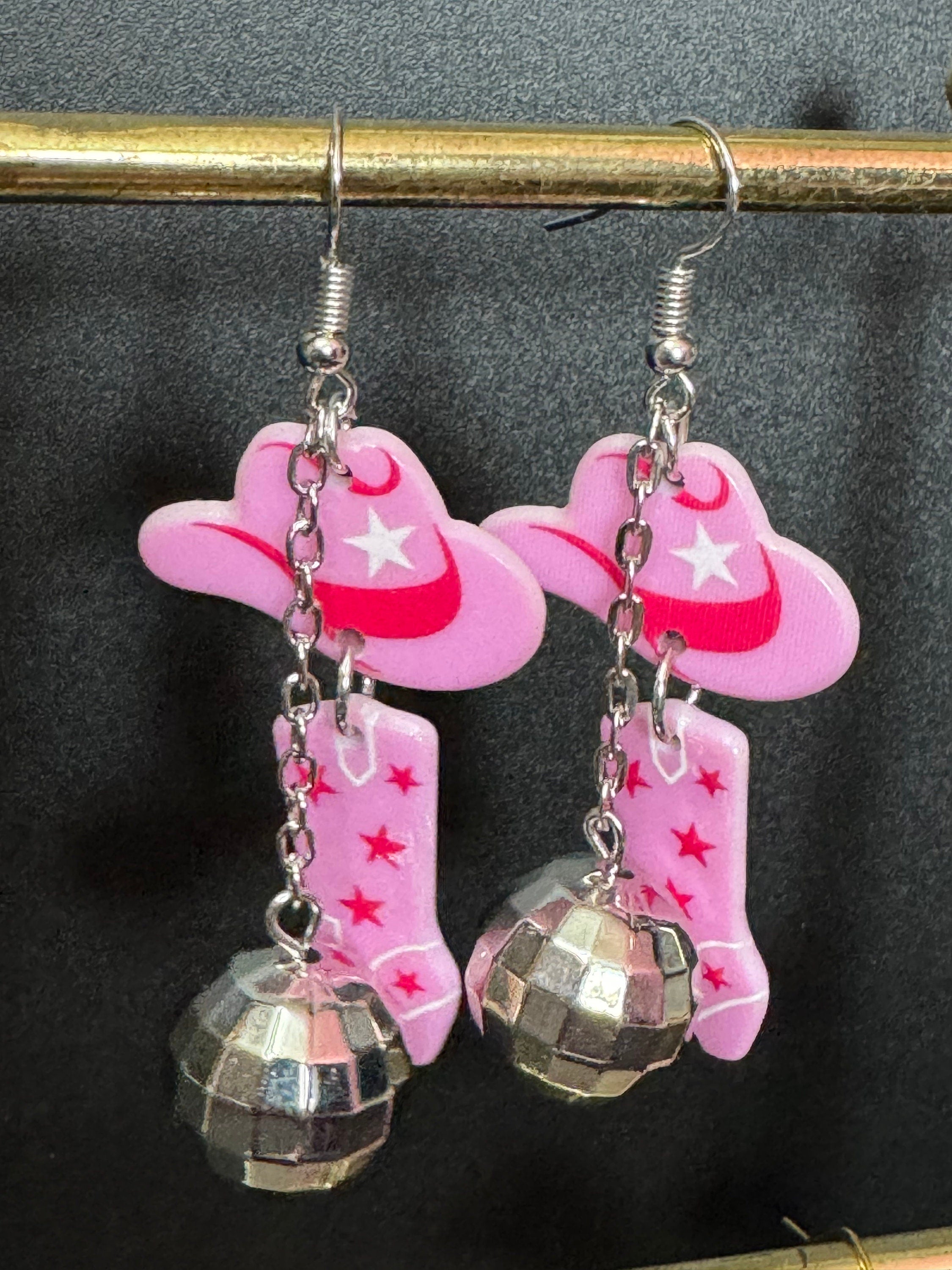 pink cowboy cowgirl hat boots and disco ball long dangly earrings silver tone dolly parton jewellery Yellowstone