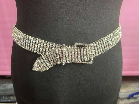 As found To 96cm retro Clear Diamanté Gem Set glam ladies fashion belt 1990s silver tone