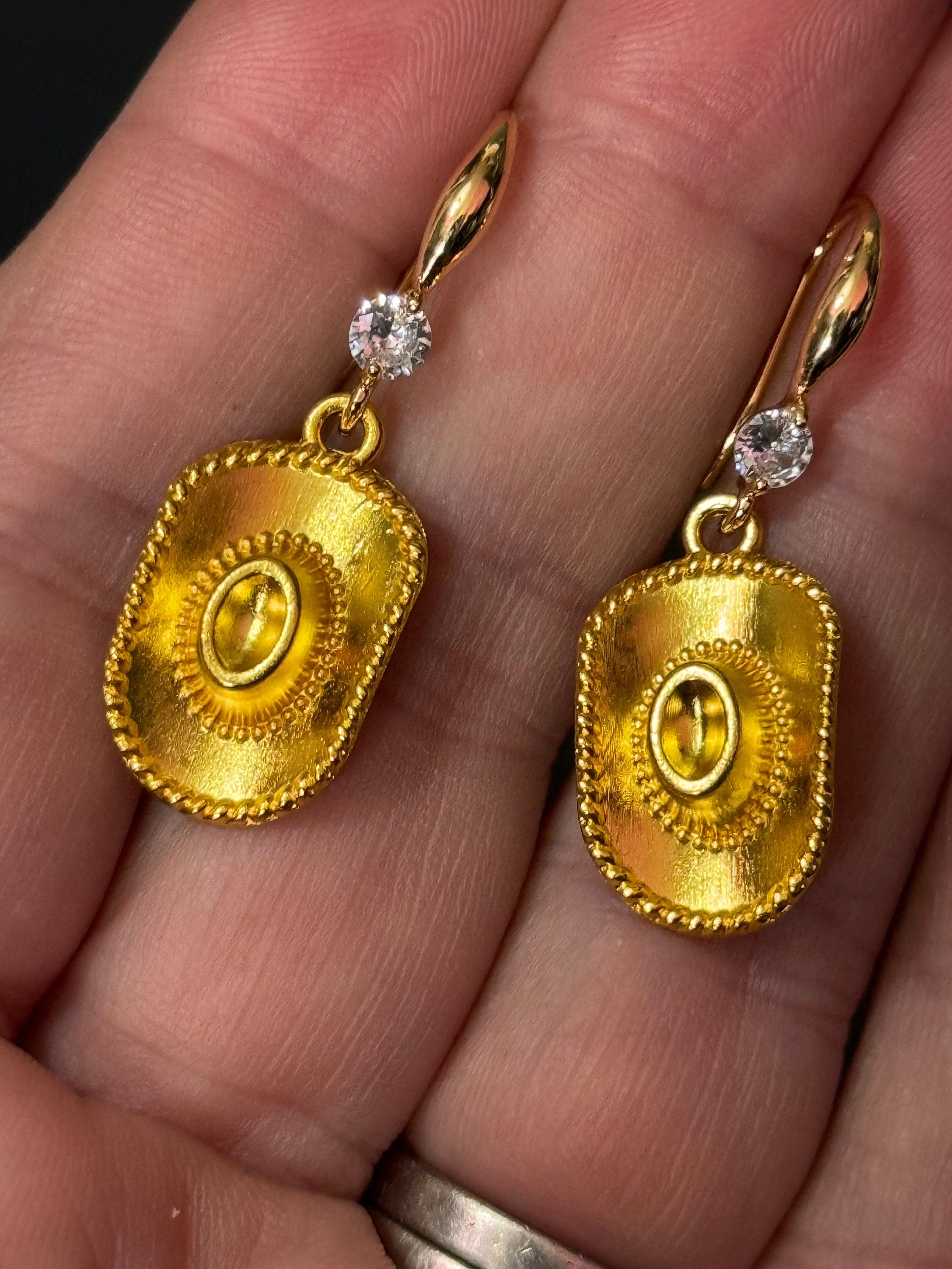 18k gold plated earwires diamanté crystal cowboy hat dangly earrings Dolly Parton Yellowstone jewellery pierced