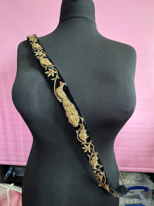 For repair ladies tie waist ornate zardozi black velvet gold thread work beaded Belt