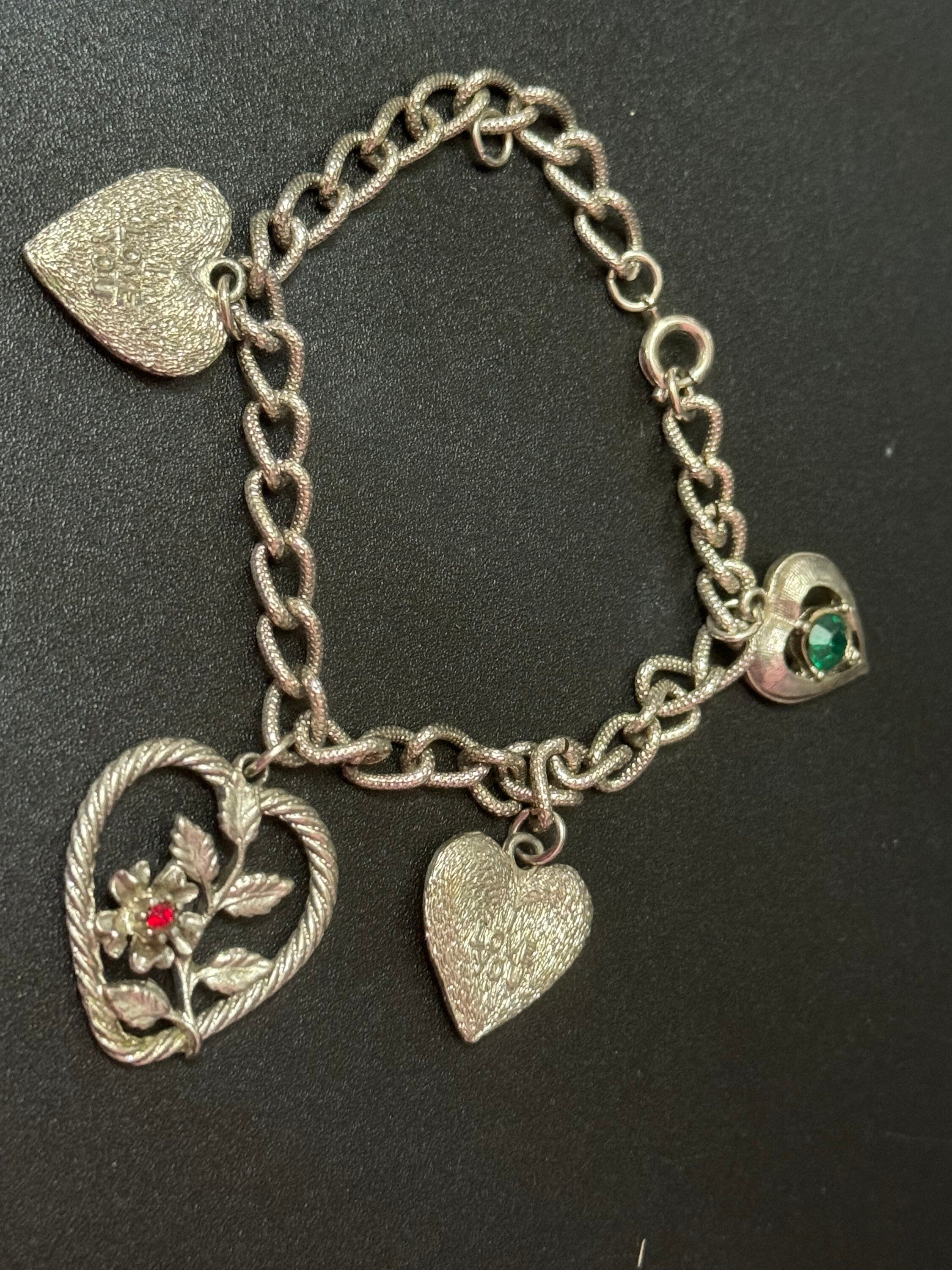 Vintage I love you charm bracelet Silver tone with hearts