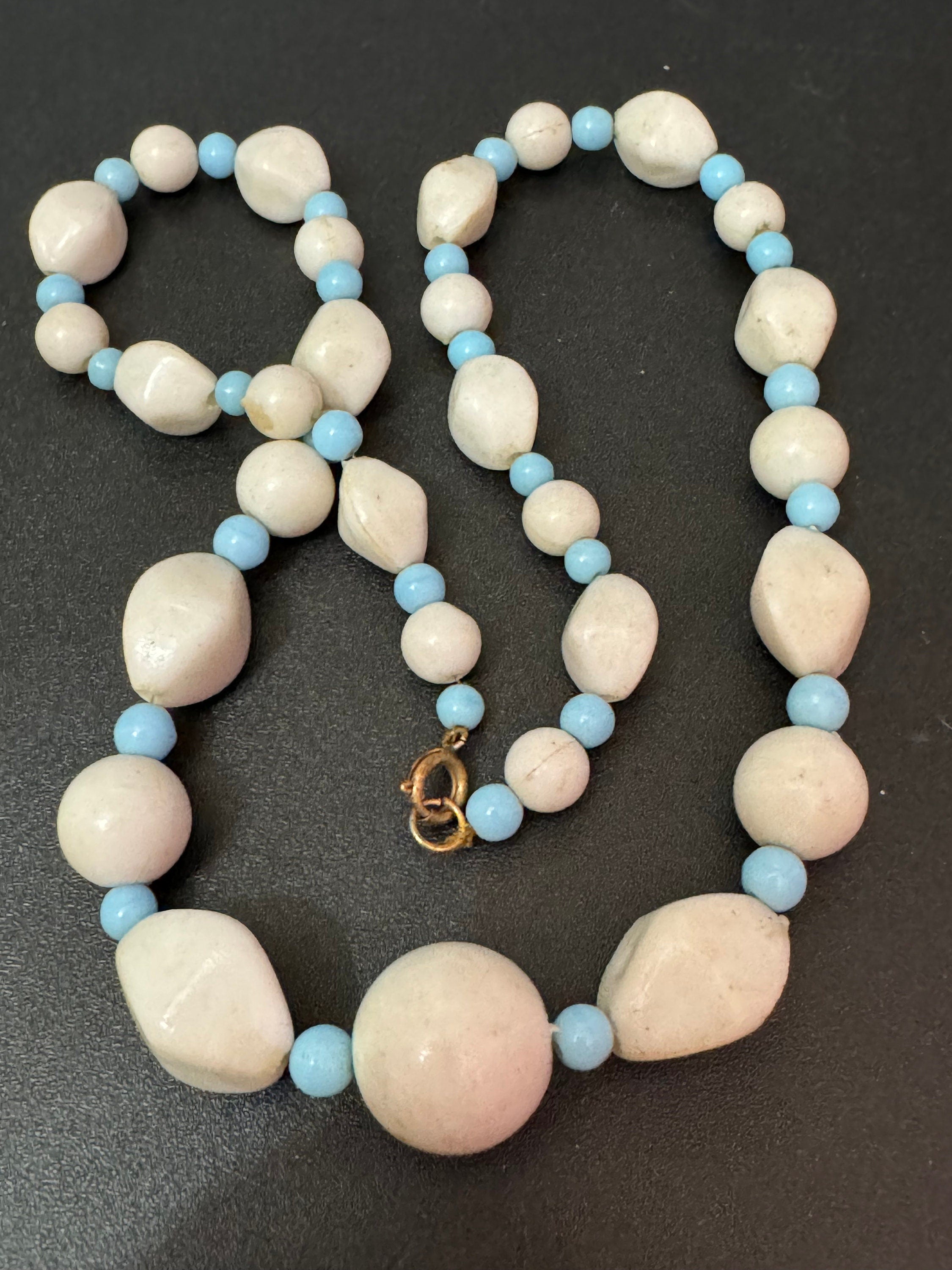 Vintage pastel blue and white beaded plastic necklace 48cm