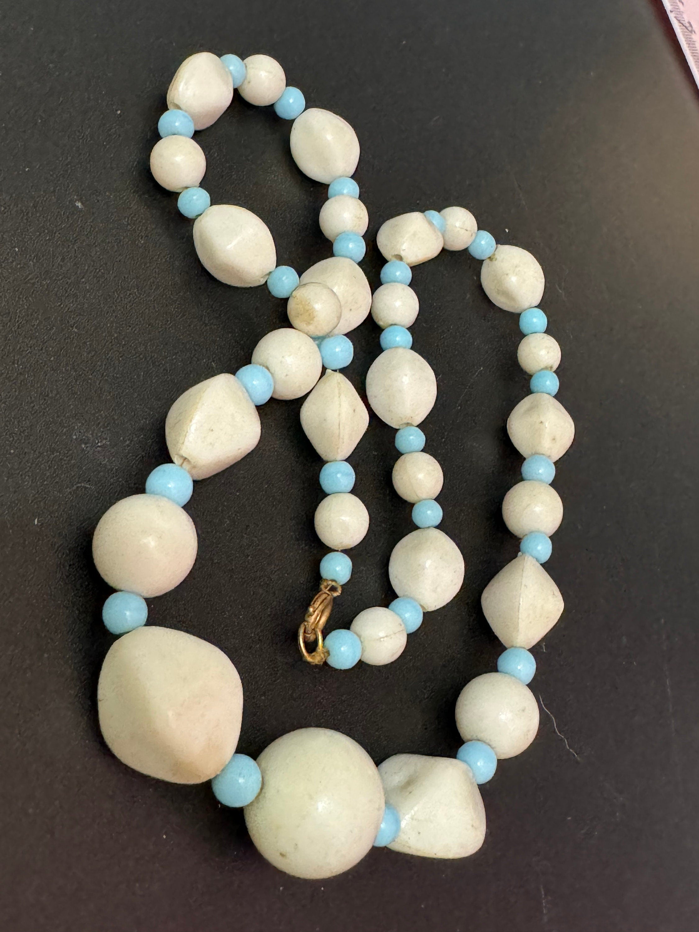 Vintage pastel blue and white beaded plastic necklace 48cm