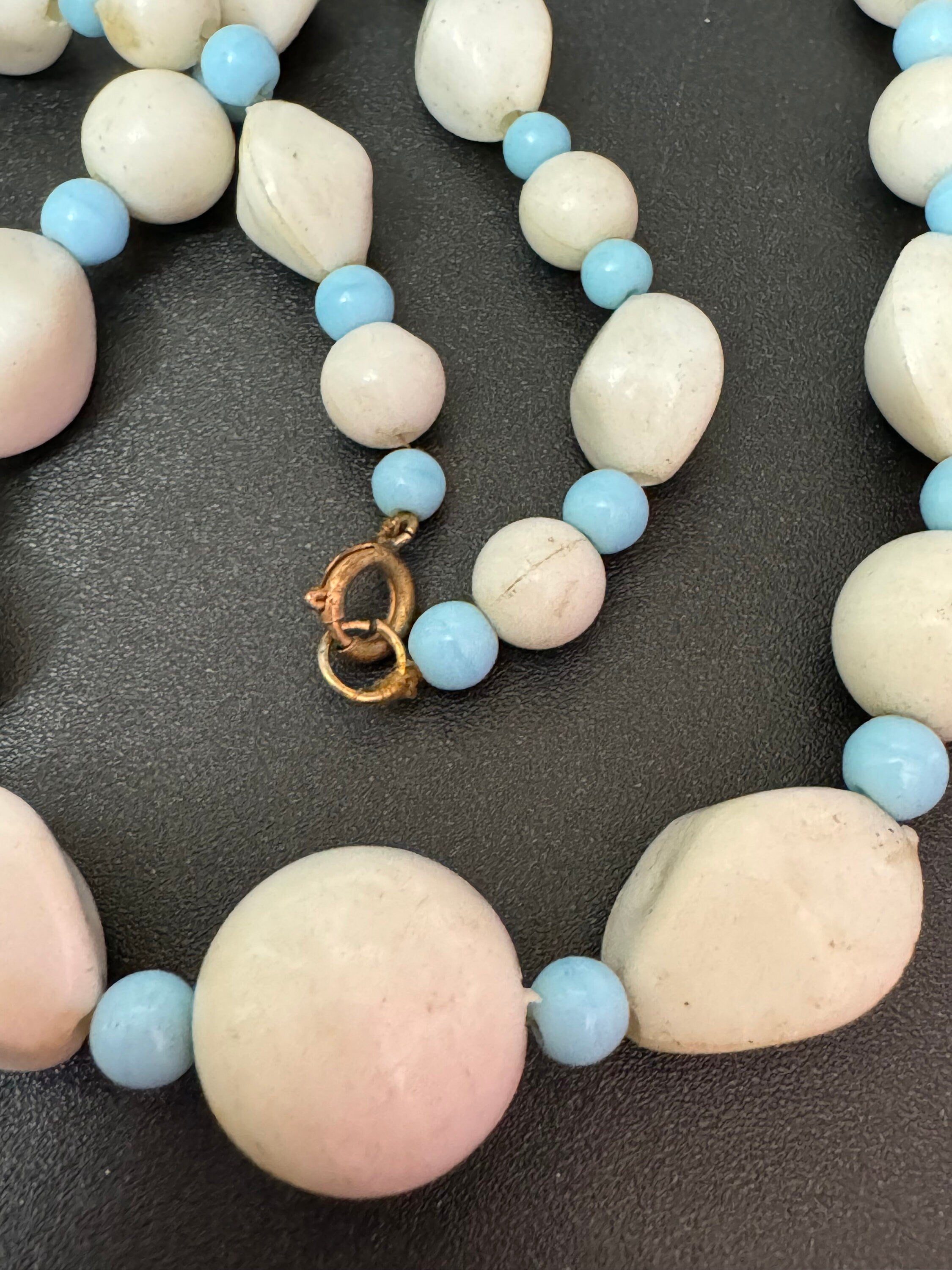 Vintage pastel blue and white beaded plastic necklace 48cm