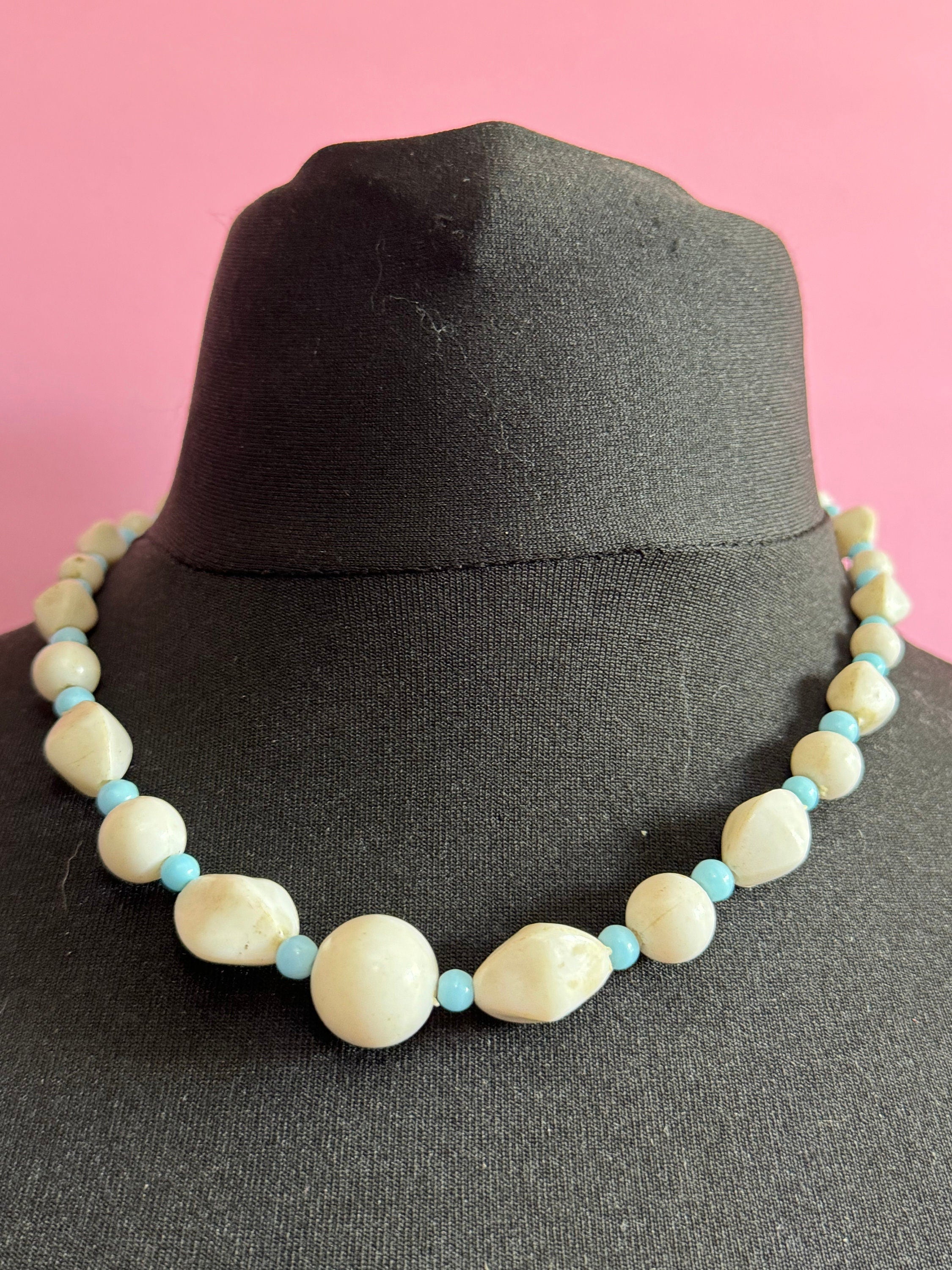 Vintage pastel blue and white beaded plastic necklace 48cm