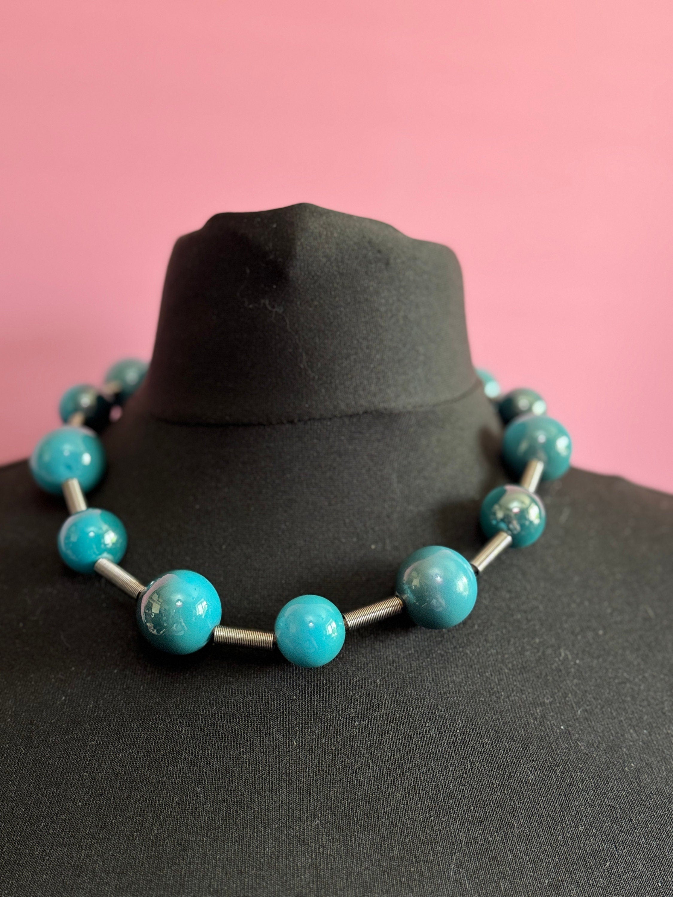 xl green blue round beaded plastic necklace, leather 58cm