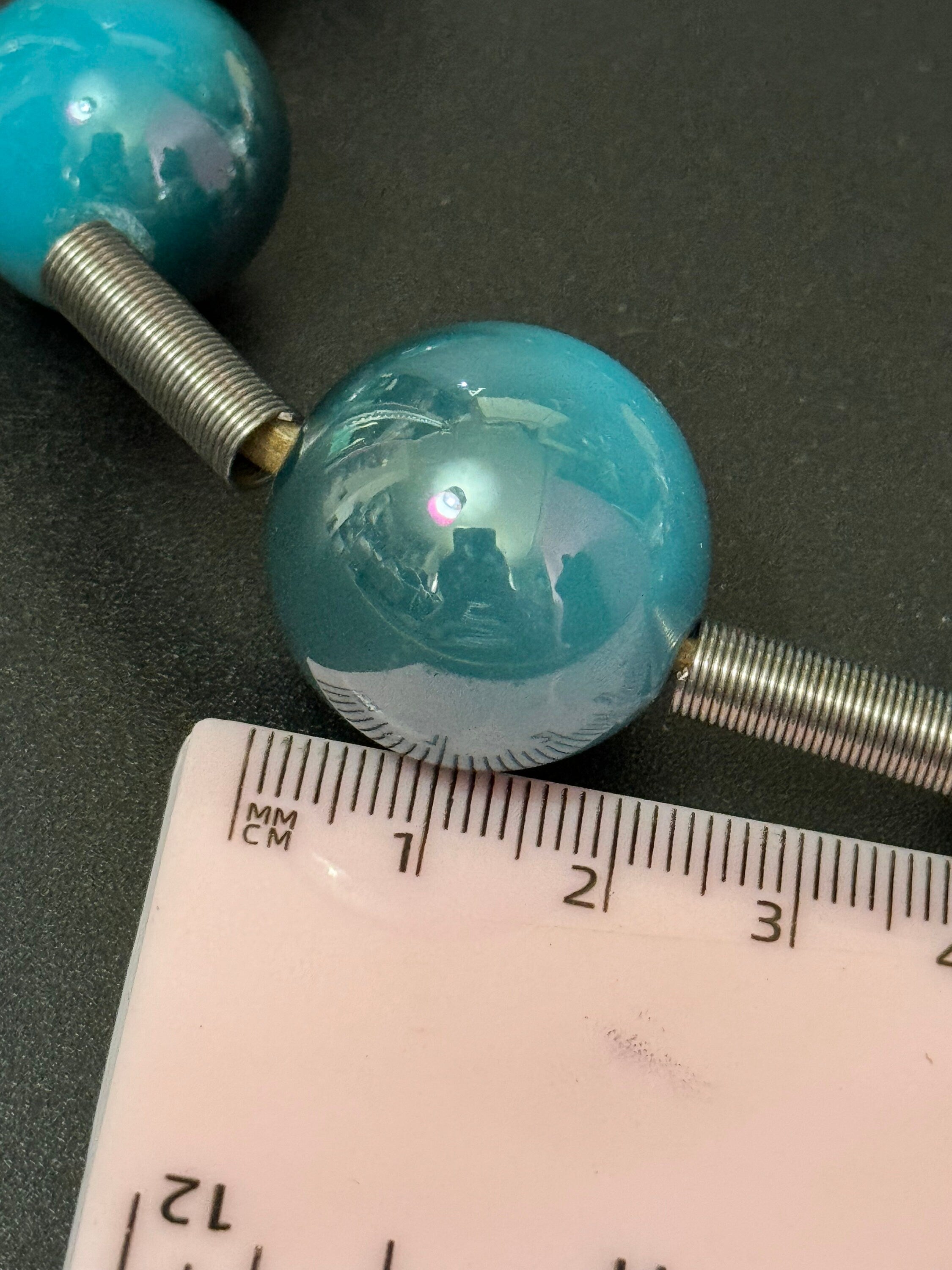 xl green blue round beaded plastic necklace, leather 58cm