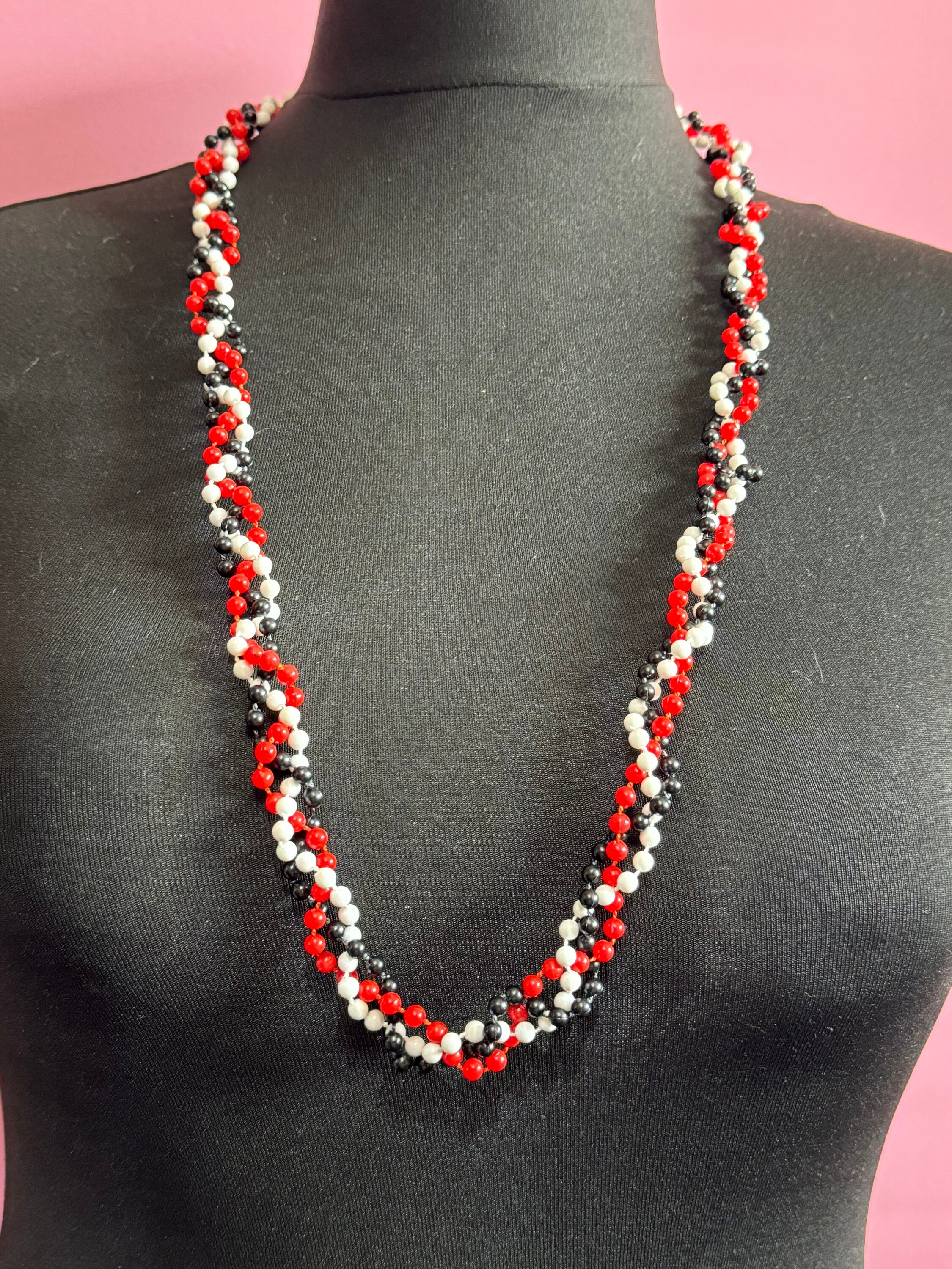 Retro black red and white long length plastic beaded Multistrand necklace
