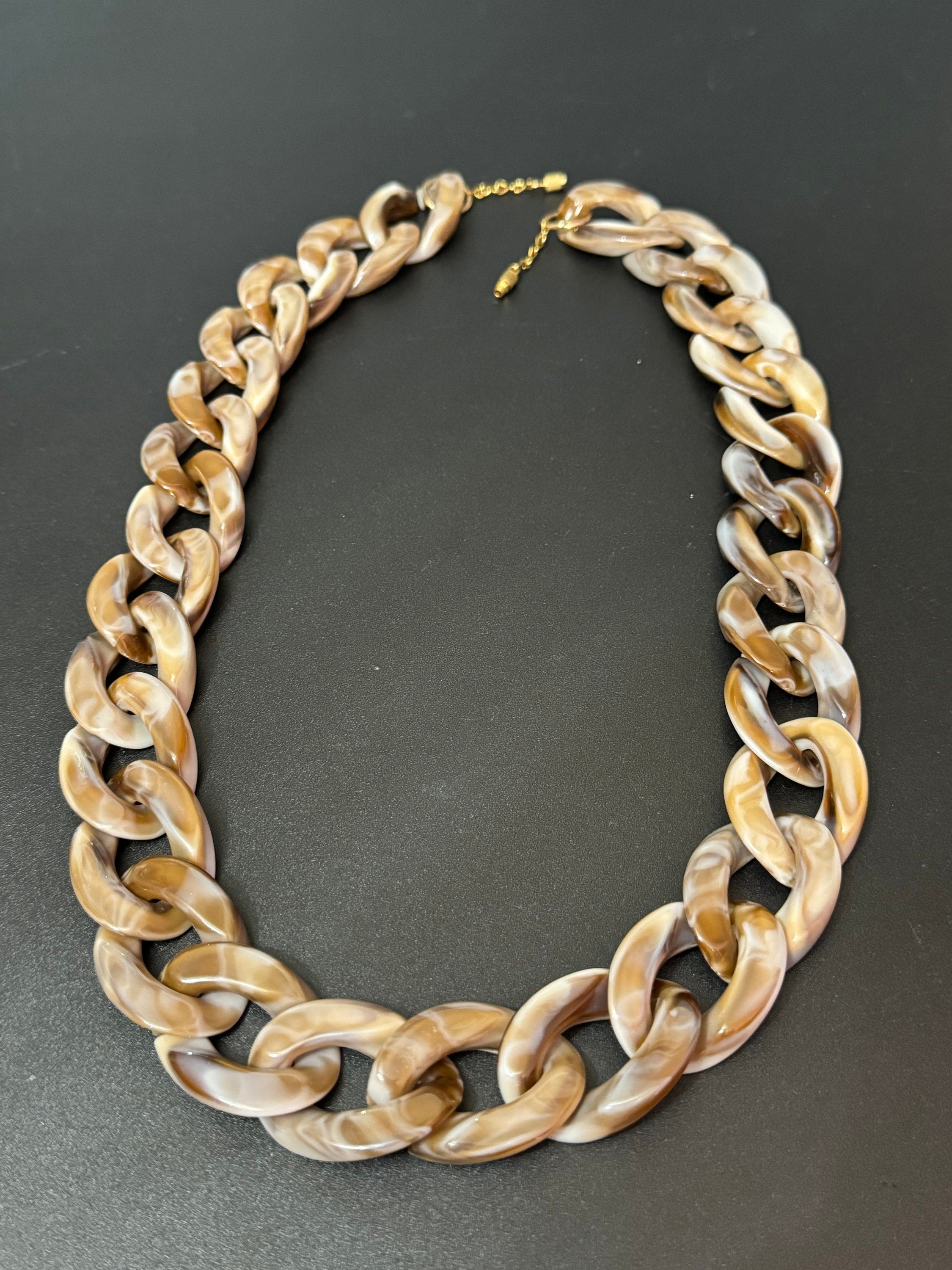 Oversized plastic beaded chain necklace Brown beige links