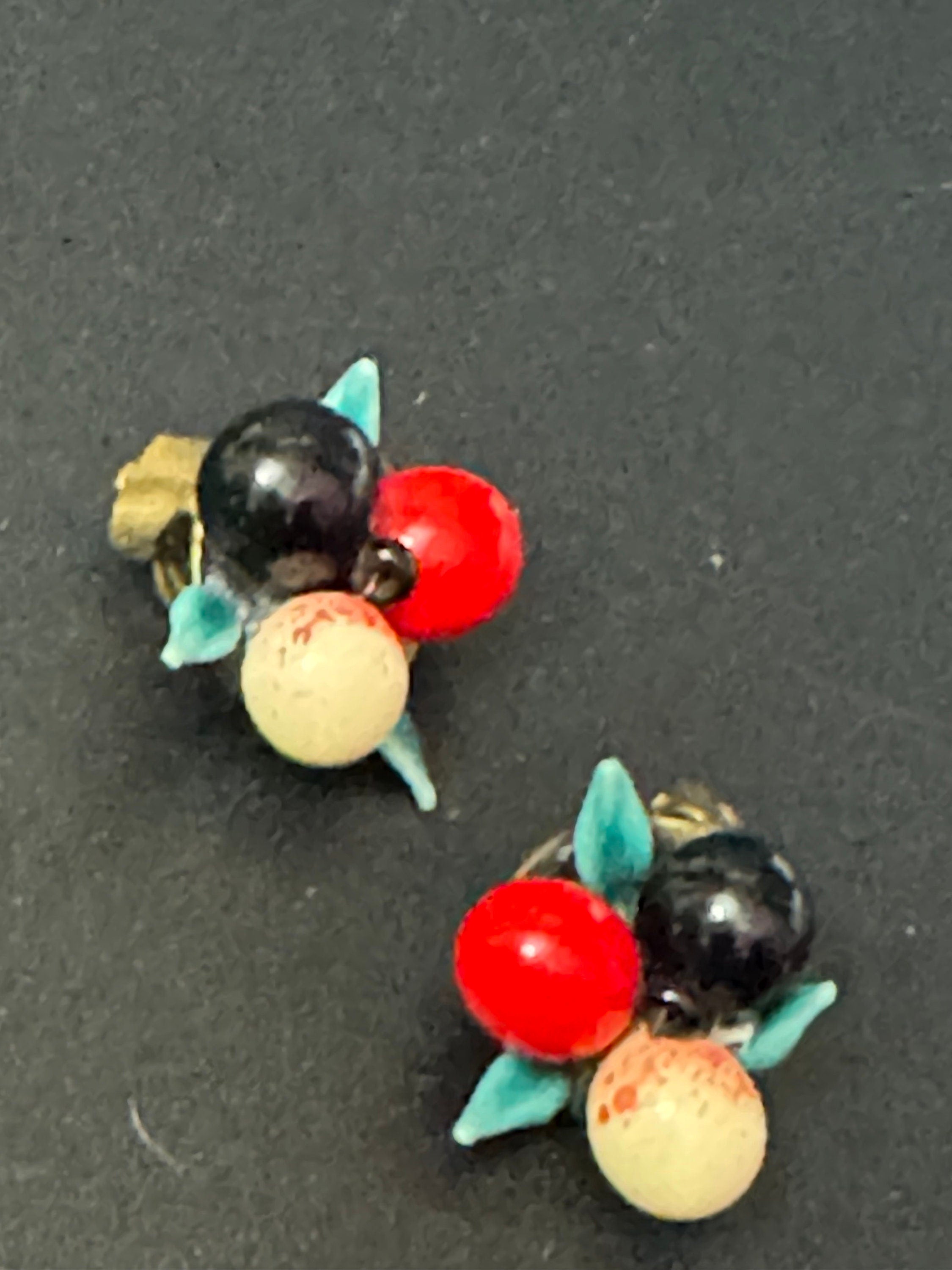 Antique FRUIT Basket clip on stud earrings 1930s