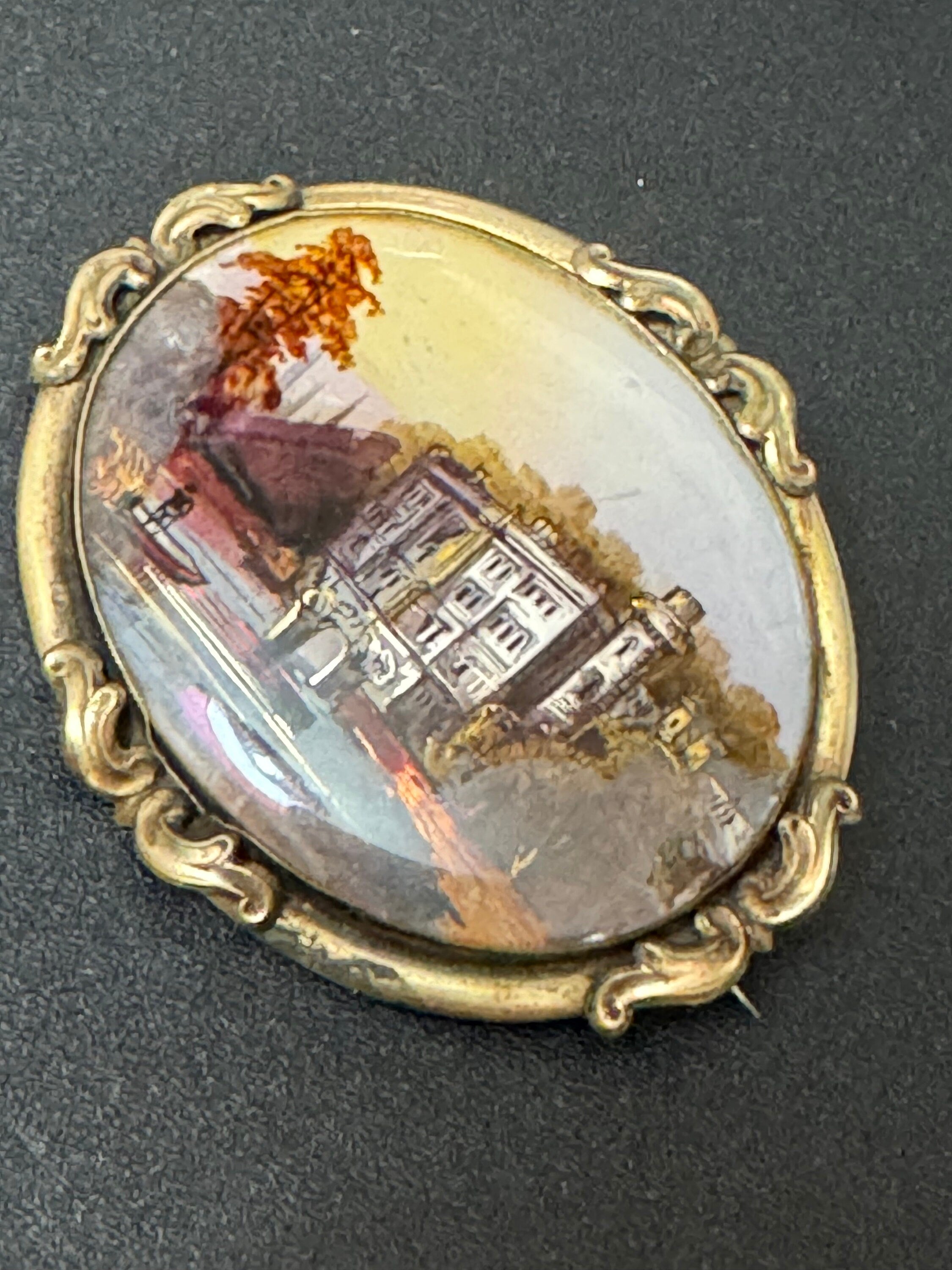 Antique gilt metal fine art hand painted miniature oval scenery brooch 1800s