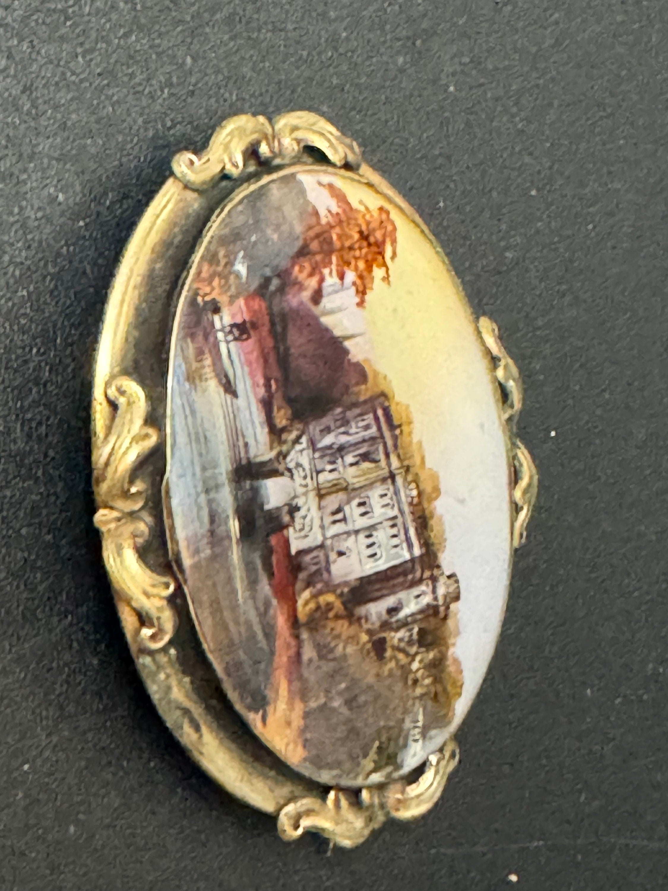 Antique gilt metal fine art hand painted miniature oval scenery brooch 1800s