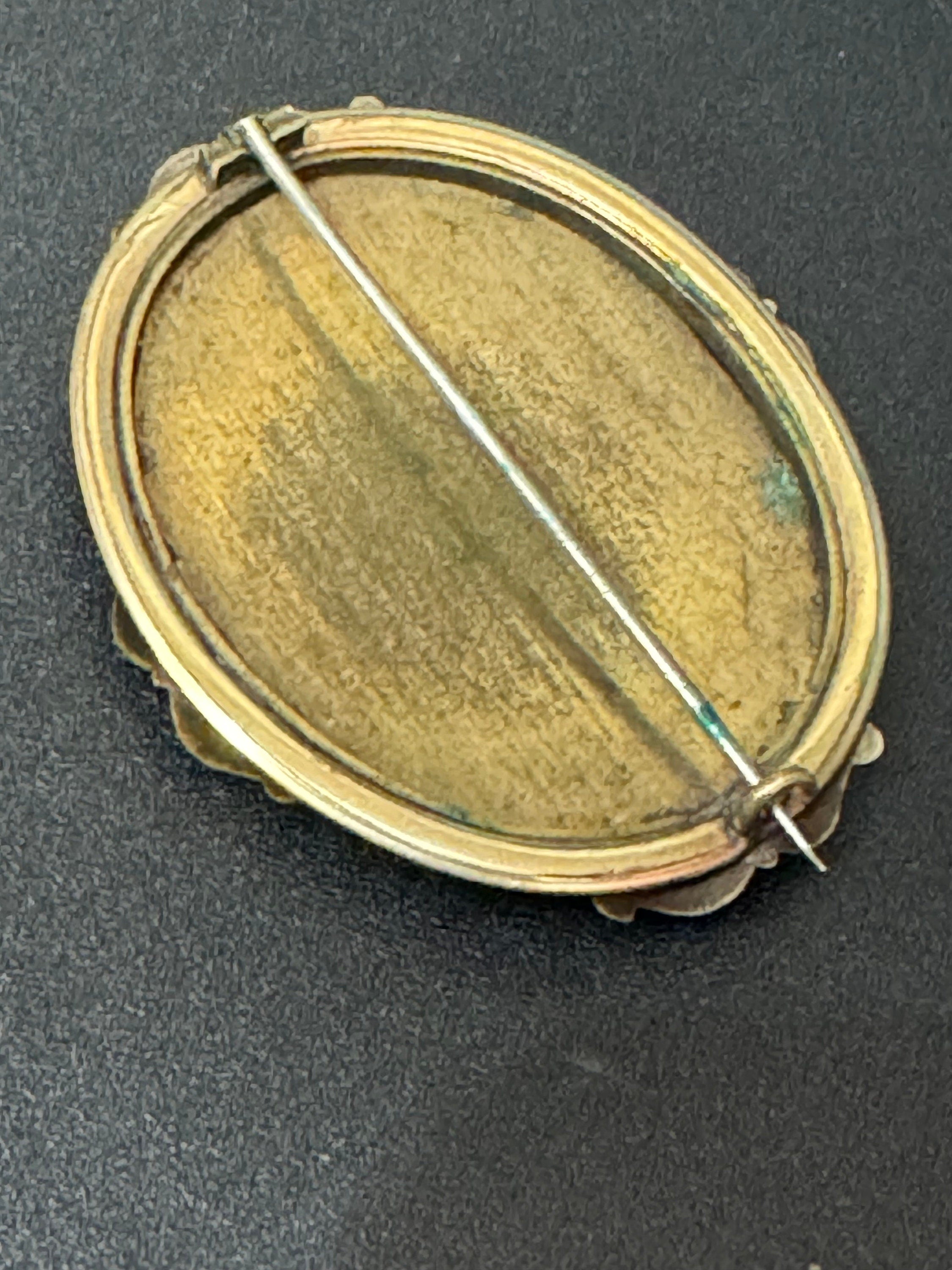 Antique gilt metal fine art hand painted miniature oval scenery brooch 1800s