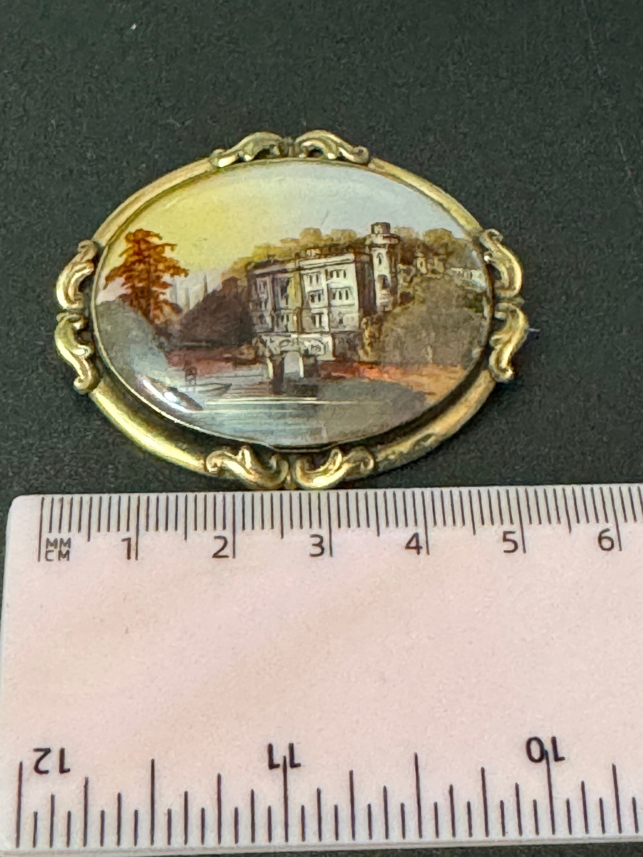 Antique gilt metal fine art hand painted miniature oval scenery brooch 1800s