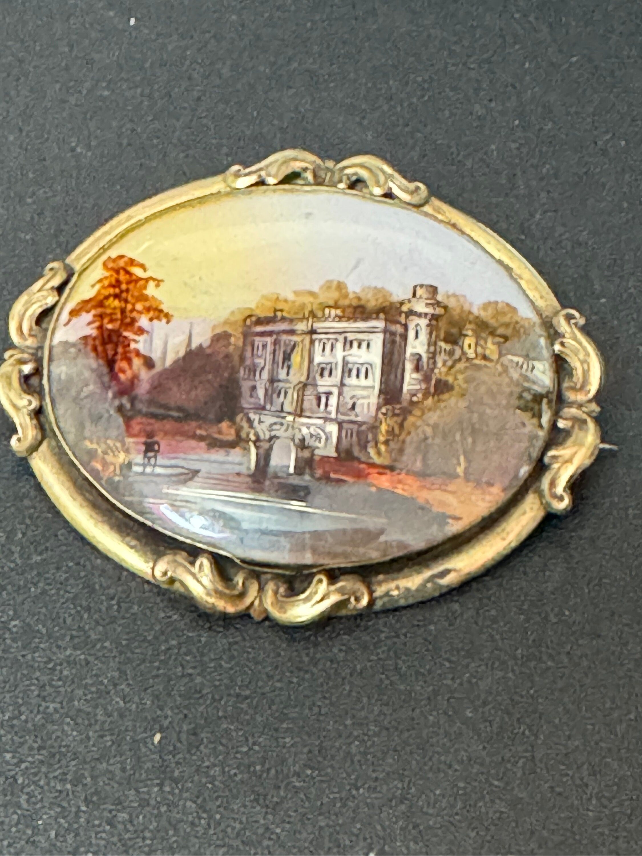 Antique gilt metal fine art hand painted miniature oval scenery brooch 1800s