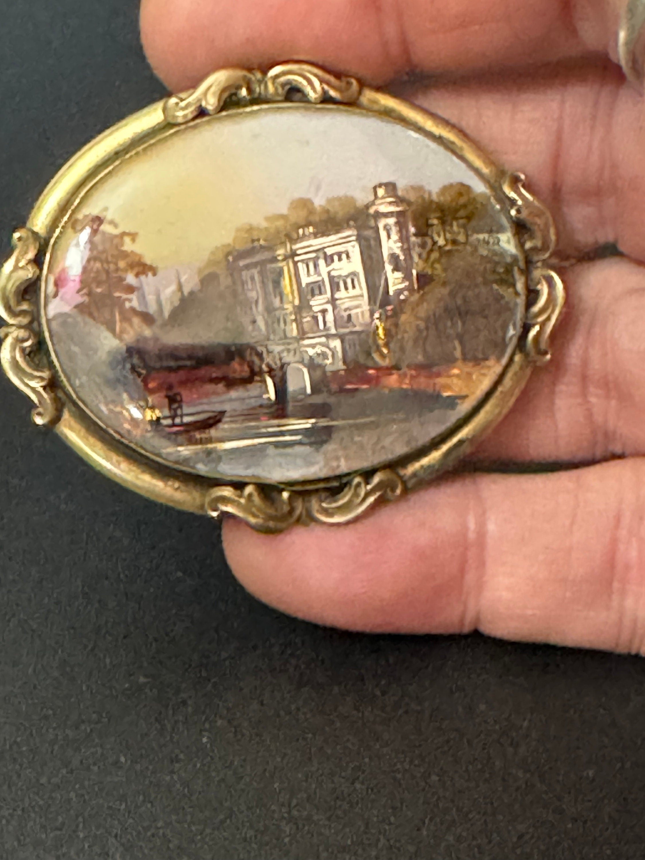 Antique gilt metal fine art hand painted miniature oval scenery brooch 1800s