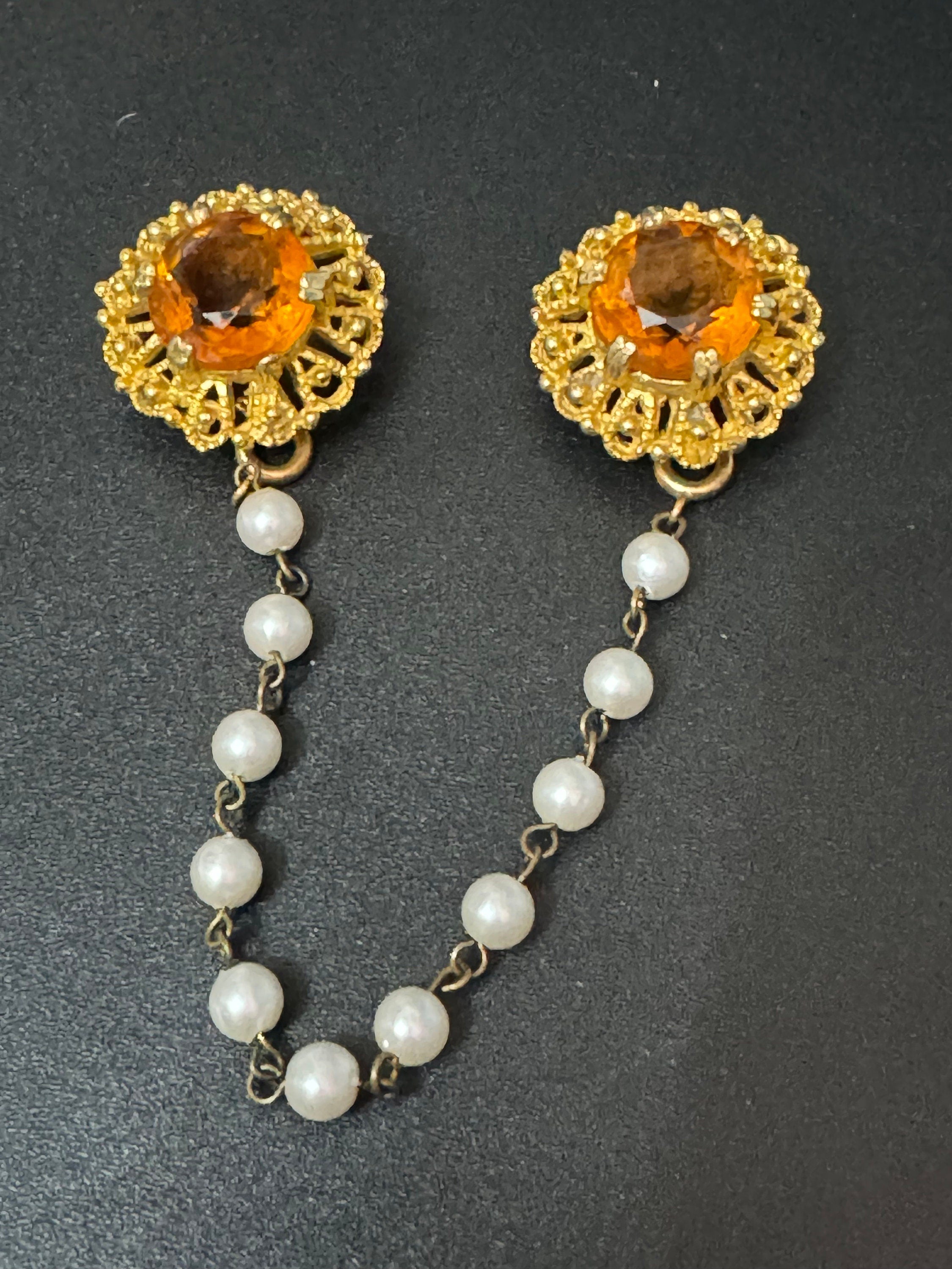 Vintage Gold Tone Sweater Guard: Faux Pearl & Citrine Glass Brooch