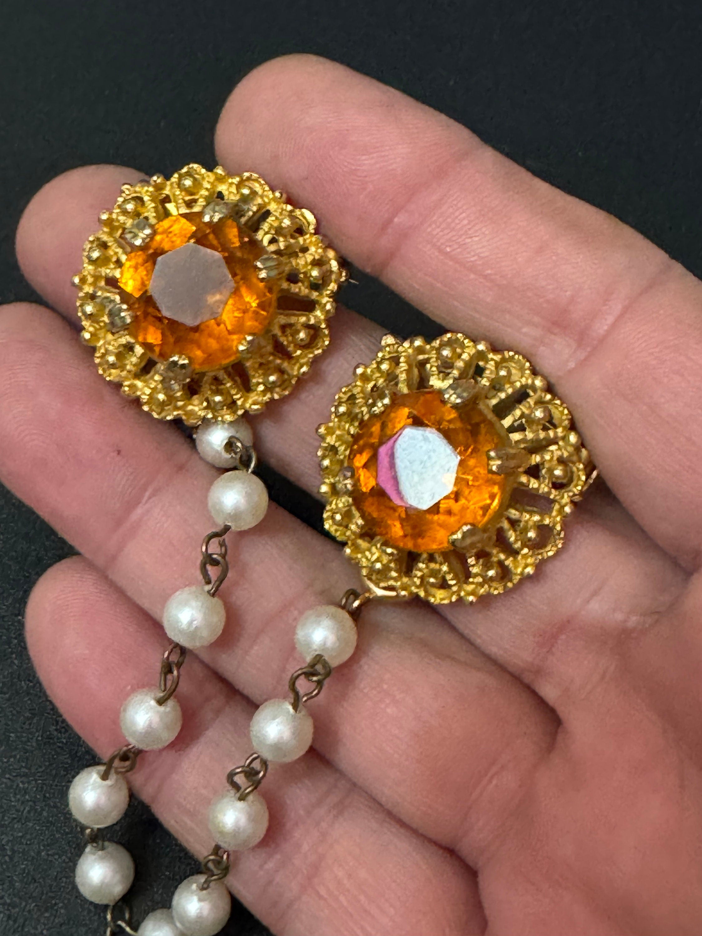 Vintage Gold Tone Sweater Guard: Faux Pearl & Citrine Glass Brooch