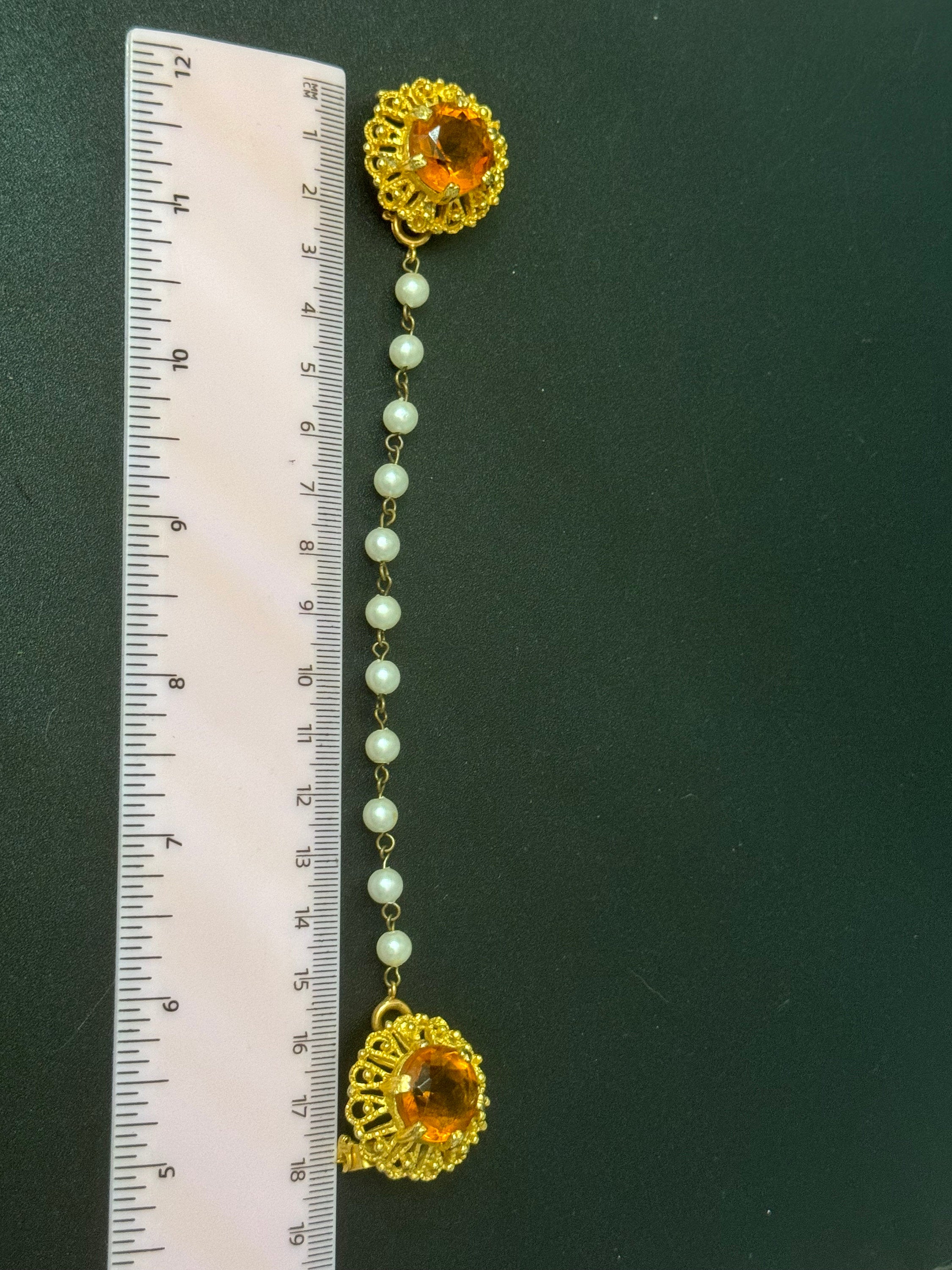 Vintage Gold Tone Sweater Guard: Faux Pearl & Citrine Glass Brooch